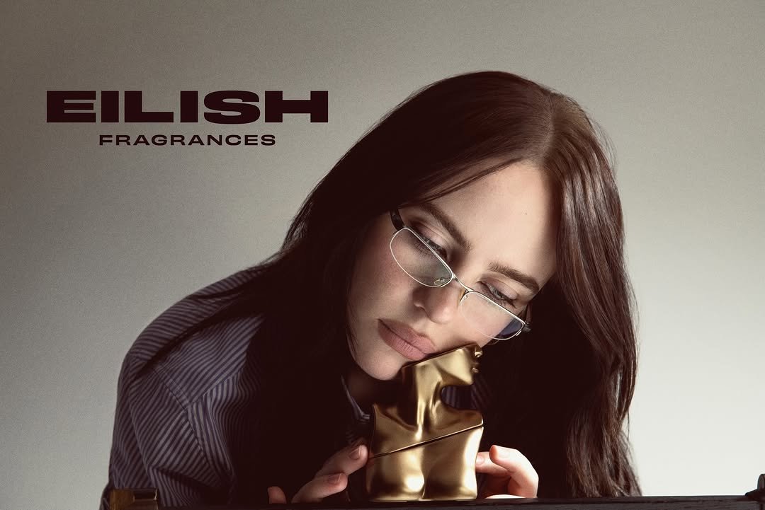 Photo shared by BILLIE EILISH on March 13, 2026 tagging @sephora, @_glen_luchford, and @billieeilishfragrances. May be an image of poster, perfume and text that says 'ISH FRAGRANCES RANCES'.