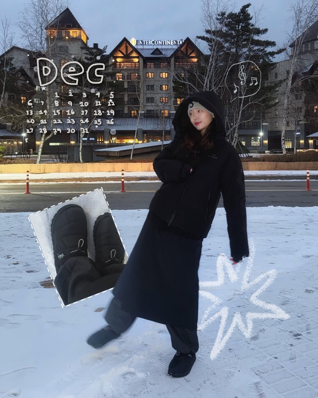 Photo by 현뱌 on December 13, 2025. May be an image of ‎duffle coat, overcoat, parka, ski slope, snow and ‎text that says '‎INTERCONTINENTA 6届 13 1 20 21 28 ec 1 ذ ® 3 5 ㅎ ۹ 10 11 立 15 16 37 17 18- 18 19 23 24 25 น 30 31 22 ٦٤ - דיש‎'‎‎.