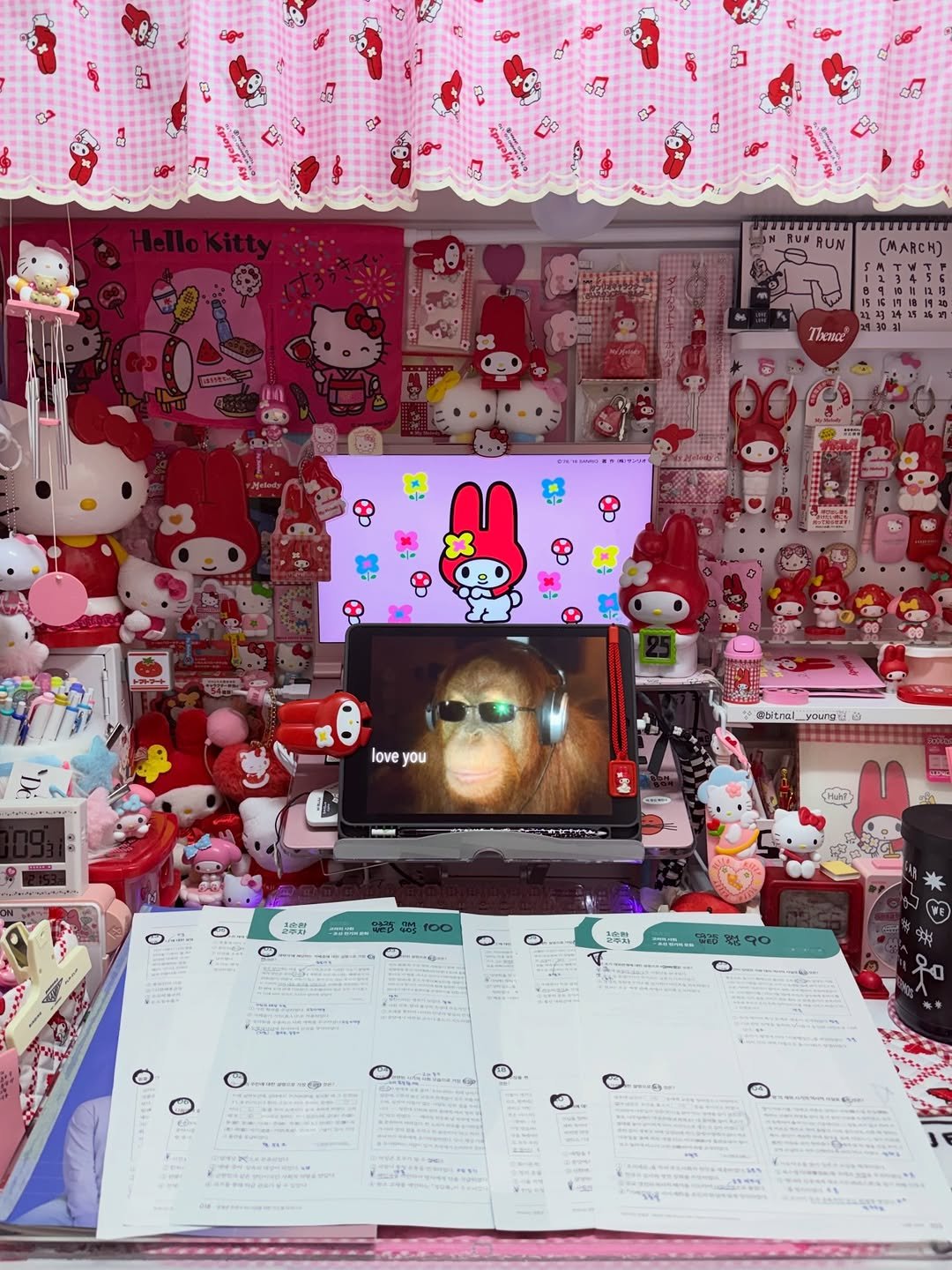 Photo shared by 공시생 빛날 영 ✸ STUDY • DESK • DECOR on March 25, 2026 tagging @sanrio, and @inapsquare. May be an image of telephone, desk and text.