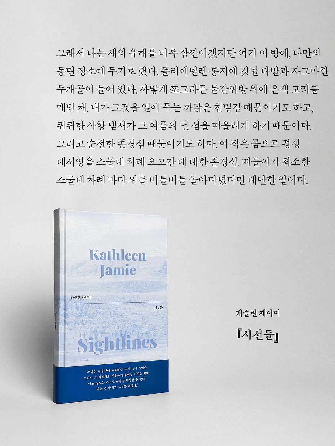 Photo by 빛소굴 (문학 출판사) on October 24, 2025. May be an image of poster, magazine, book and text that says '그래서 서 니는 새의 유해를 -비록 잠깐이 겠지만여기 이 방에, 나만의 동면 장소에 두기로 했다. 폴리에틸렌 봉지에 깃털 다발과자그마한 다발과 두개골이 들어 있다. 까맣게 쪽그라든 묻같퀴 발 위에 은색 고리를 매단채 채. 내가그것을옆에 두는까닭 까닮은 친밀감 때문이 하고, 취취한사향냄새가그여름의 먼 섬을 며올리게 하기 때문이다. 그리고순전한존경심대문이기도 하다. 이 작은 몸으로 평생 대서양을 스물네 차례 오고간데 대한 존경 떠돌이가 최소한 스물네 차례 바다 위를 비틀비틀 돌아다녔다면 대단한일이다. 일이다. Kathleen Jamie 개울선 순인자미며) ቅዘት 각신을 캐슬린제이피 『시선들] Sightlines 、予天な女作ま中十三に上十 .学女文二三、新山最金要送年 속에 보싶다. 州江平号年州中在》 中北市十五 業市北務後 관성을계장학주의 은걸오축설전'.