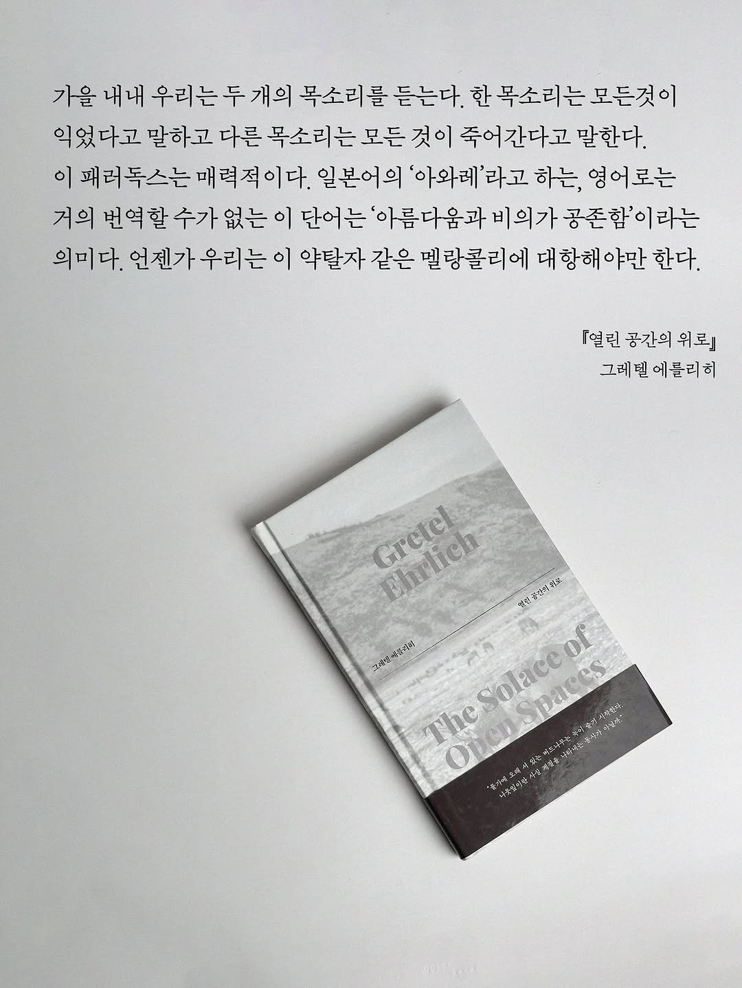 Photo by 빛소굴 (문학 출판사) on October 18, 2025. May be an image of ‎ticket stub, newspaper, poster and ‎text that says '‎가을 내내 우리는두 개의 목소리를 듣는다. 한목소리는모든것이 익었다고 말하고 다른 목소리는 모든 것이 죽어간다고 말한다. 이 패러독스는 매력적이다 일본어의 '아와레'라고 하는, 영어로는 거의 번역할 수가 없는 이 단어는 '아름다움과 비의가 공존함'이라는 의미다. 언젠가 우리는 이 약탈자 같은 멜랑콜리에 대 항해 대항해야만 야만 한다. 「열린 공간의 위로』 그레빌 에클리히 あいん山焼 .2공방 Grele Elarlich 얼반천간하것요 開製 The AN Solaceof 份 of ر 然報出 で公が ናማ 愛力 女な夫 S.N “2 炭谷 谷焼五会‎'‎‎.