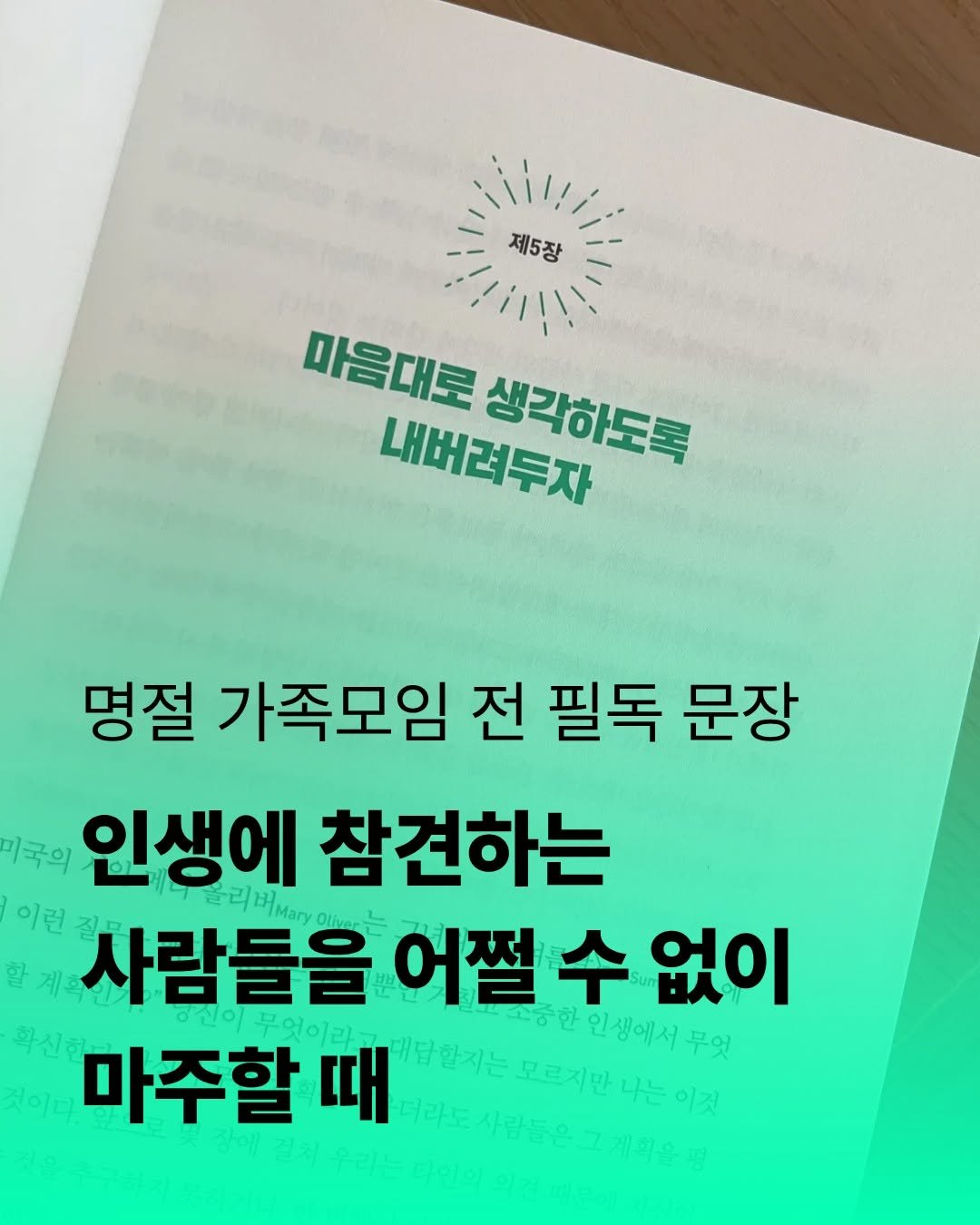 Photo by 비즈니스북스 on October 01, 2025. May be an image of book and text that says '제5장 마음대로 내버려두자 생각하도록 명절 가족모임 전 필독 문장 국의 인생에 올리버ay 참견하는 이런 사람들을 어쩔 수 없이 동진이 무엇이라 인생에서 무엇 것이다 마주할 때 개답할치는 모르지만나는이 모르지만'.