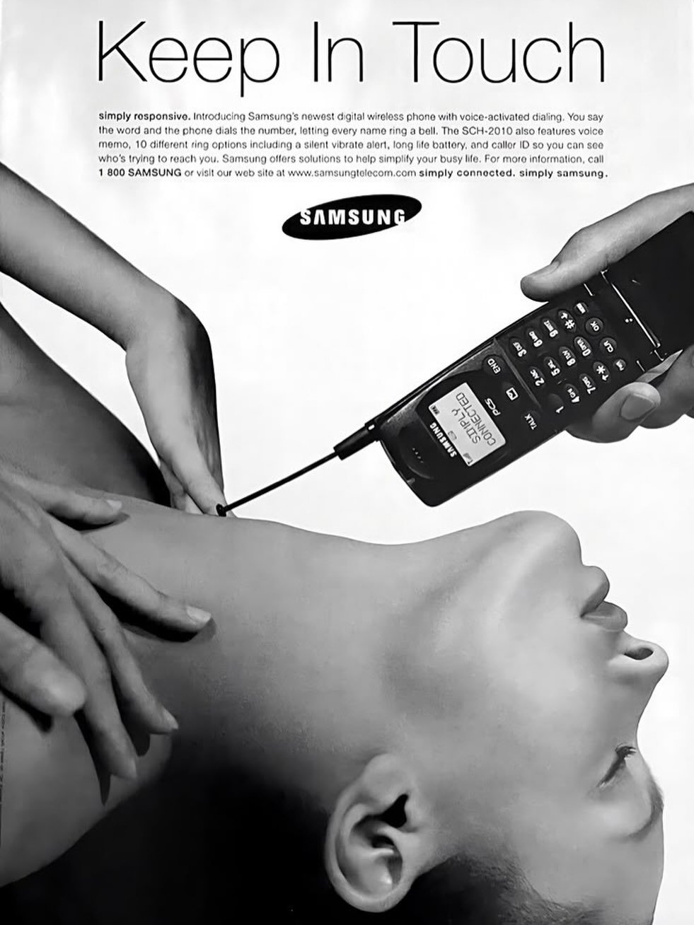 Photo shared by BZCF | 비즈까페 on April 22, 2026 tagging @dy1.mag. May be an image of light switch, television, screen, poster, magazine, telephone and text that says 'Keep In Touch simply responsive. Introducing Samsung' newest dgital wireless phone with voice- -activated dialing You say word phone dials number, letting every name inga bell. SCH-2010 also teatures oice memo, different ring options including vibrate alert. long battery. callorID ucan s0e who's trying reach you. Samsung offers SAMSUNG V our simply connected. simply samsung. SAMSUNG Khe ከ $ ુ ወዬ mo CNE ದ ONDSNVE A7HUTS a CETOOODEO វ ร๘ 23'.