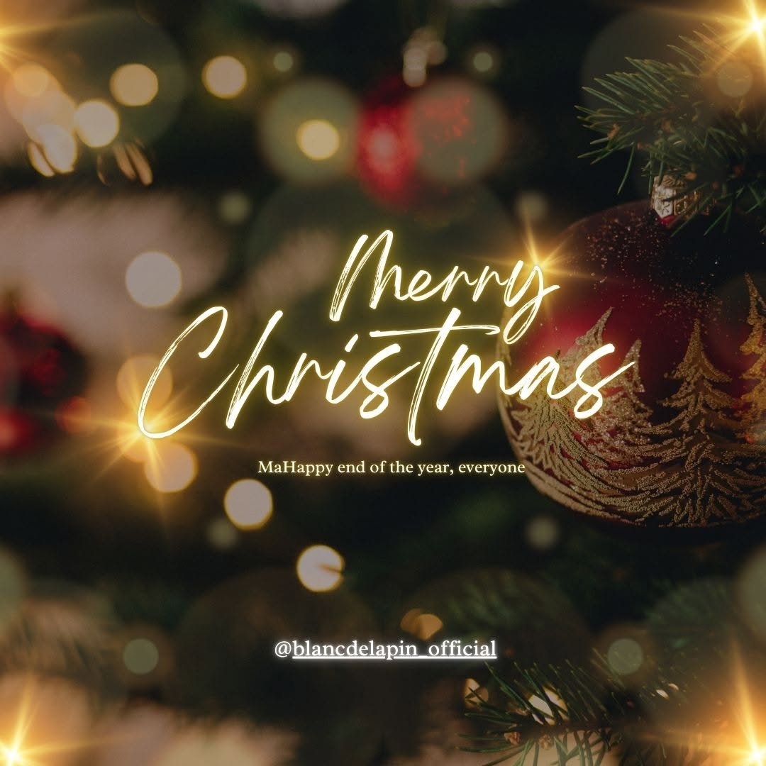 Photo by 블랑드라팡 blanc de lapin on December 24, 2025. May be an image of christmas tree, tinsel and text that says 'Christmas stmas mherny MaHappy end MaHappyendoftheyear,everyone of the year, everyone @blancdelapin_o @blancdelapin_official official'.