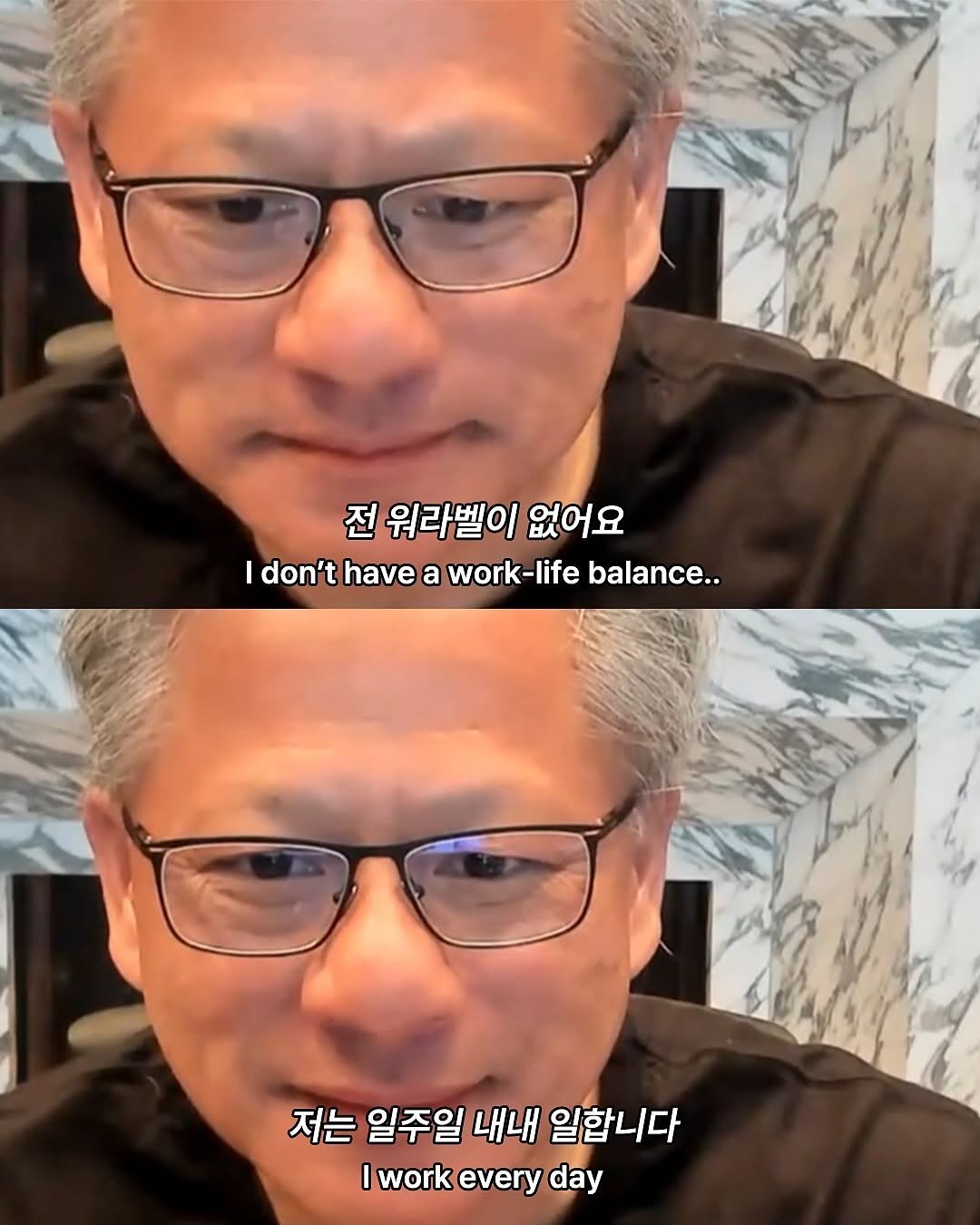 Photo by 박 주형 | 스포츠산업 9년차, 웰니스에 진심❤️‍🔥 on November 07, 2025. May be a selfie of one or more people, eyeglasses and text that says '전 워라벨이 없어요 I Idon't have a work-life balance.. 저는 일주일 내내 일합니다 I work every day'.