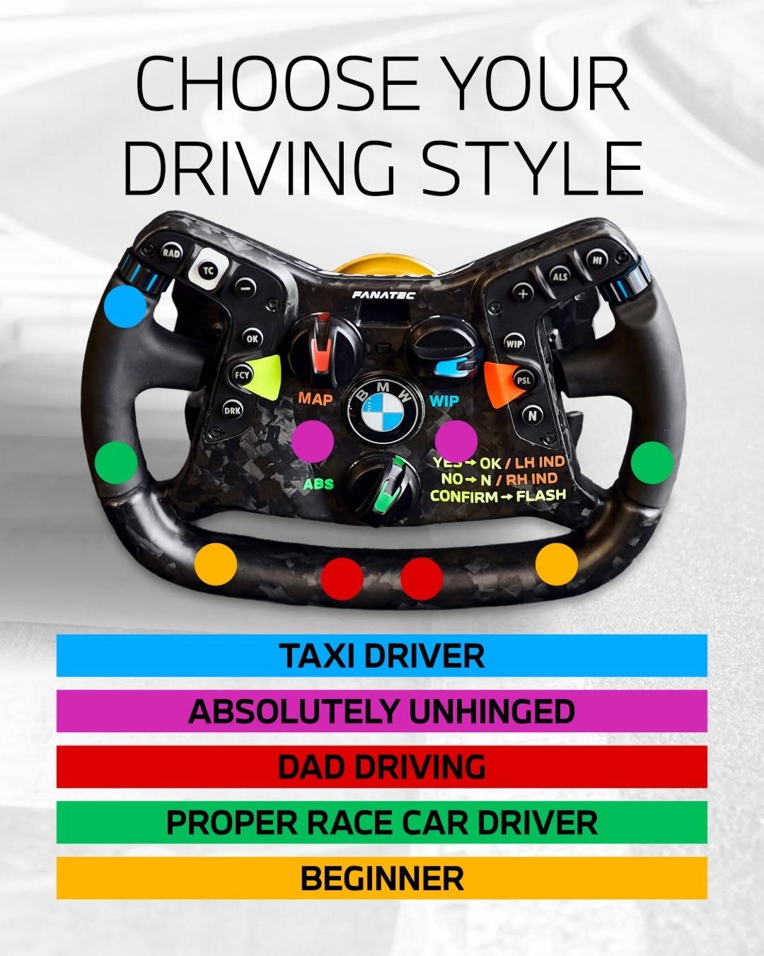 Photo by BMW M Motorsport 🏆 on February 19, 2026. May be an image of ‎videogame controller, poster and ‎text that says '‎CHOOSE YOUR DRIVING STYLE FANATEC OK DRM M MAP م WIP ABS PSL ۲EY YES+OK/LHIND + OK LH IND FLASH CONFIRM+FLASH .7 NO+N/RHIND NO→ RHIND RH CONFIRM W0 AXI DRIVER ABSOLUTELY UNHINGED DAD DRIVING PROPER RACE CAR DRIVER BEGINNER‎'‎‎.