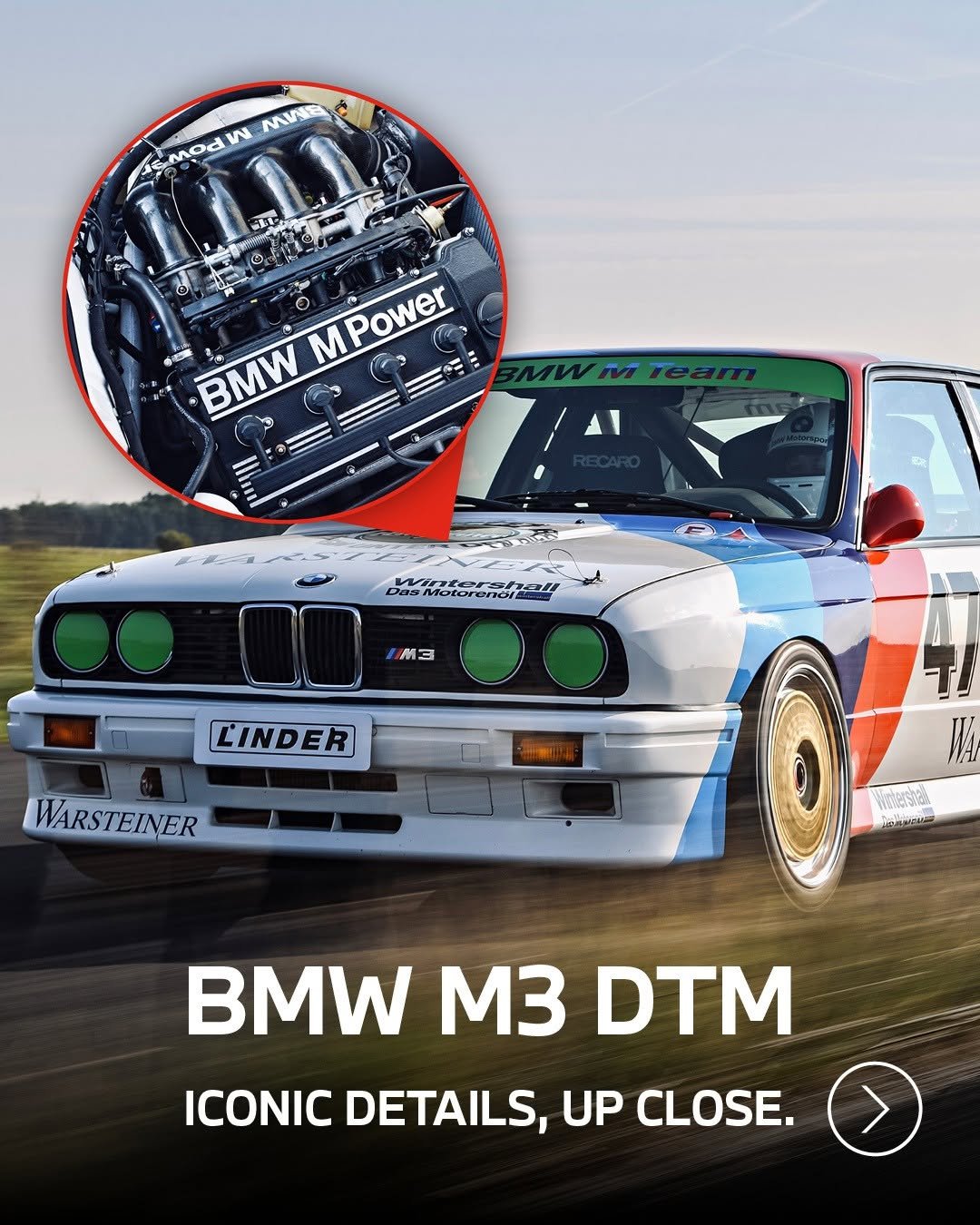 Photo shared by BMW M Motorsport 🏆 on February 23, 2026 tagging @bmwclassic. May be an image of race car, poster and text that says 'Mod W MINE 海た O MPower BMW - epederak Wintershall DasMutorenoya M3 LINDER WARSTEINER 造 BMW m3 DTM ICONIC DETAILS, UP CLOSE.'.