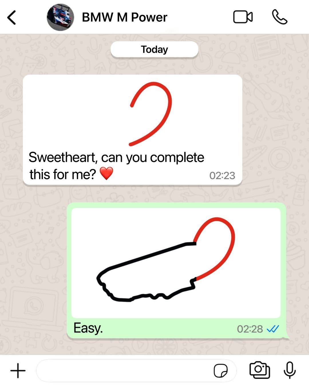 Photo shared by BMW M Motorsport 🏆 on December 28, 2025 tagging @24heuresdumans, @24heuresdumans, @fiawec_official, and @fiawec_official. May be a Twitter screenshot of card and text that says 'BMW M Power Today ۲ Sweetheart, can you complete this for me? 02:23 Easy. 02:28'.