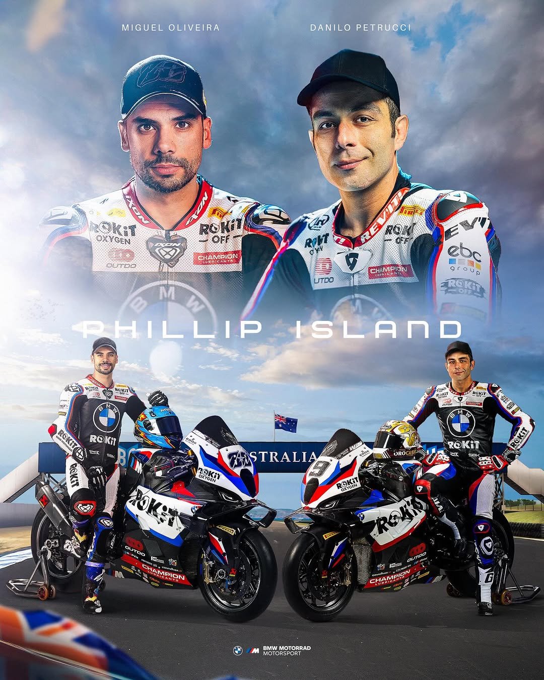 Photo by BMW Motorrad Motorsport in Phillip Island Grand Prix Circuit with @petrux9, @88migueloliveira, @worldsbk, @bmwmotorradaus, @bmwmotorrad, @edoxswisswatches, @akrapovic, @rokitbmwmotorradworldsbk, @outdobattery, @ilmberger_carbon, @championlubes_official, @rokitofficial, @pvm.wheels.brakes, and @nordoel. May be an image of racing vehicles, motorcycle, poster, helmet and text.