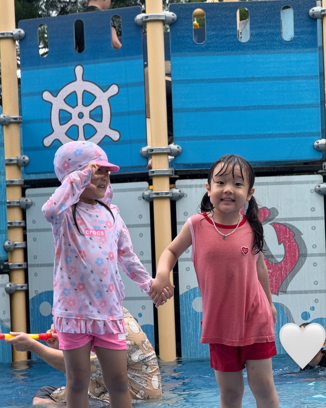 Photo shared by 석아영 on July 20, 2025 tagging @sangahchun. May be an image of 2 people, child, pool and text.