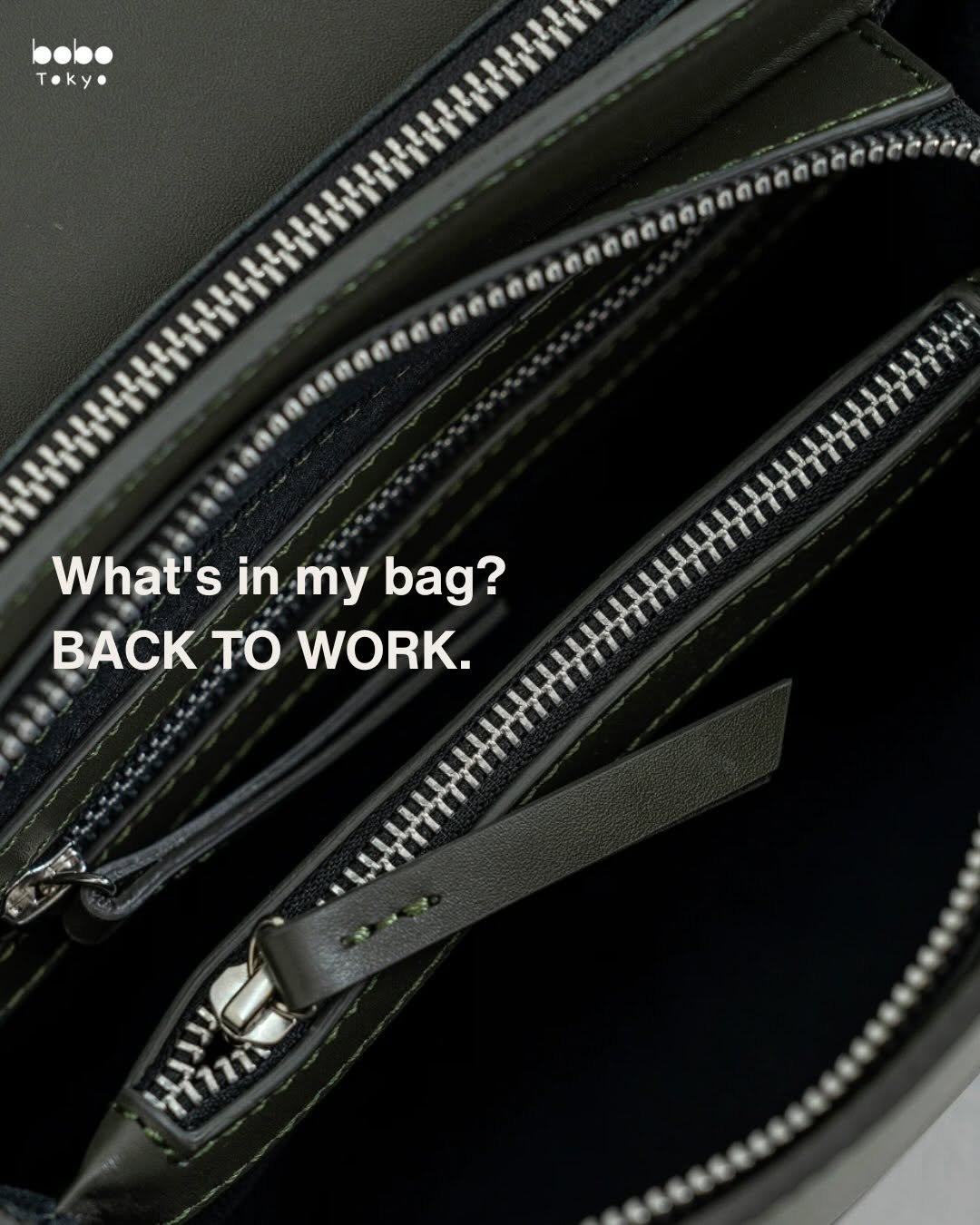 Photo by BOBO TOKYO on April 02, 2026. May be an image of leather, tool bag, briefcase, purse, clutch and text that says 'Toky. What's in my bag? BACK τo WORK.'.