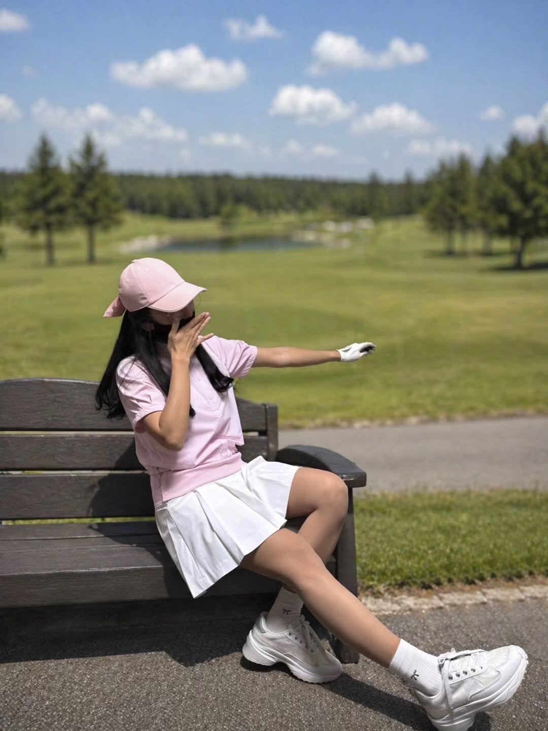 Photo shared by 보미 on April 22, 2026 tagging @volvik_apparel. May be an image of golf, golf club, miniskirt, golf course and text.