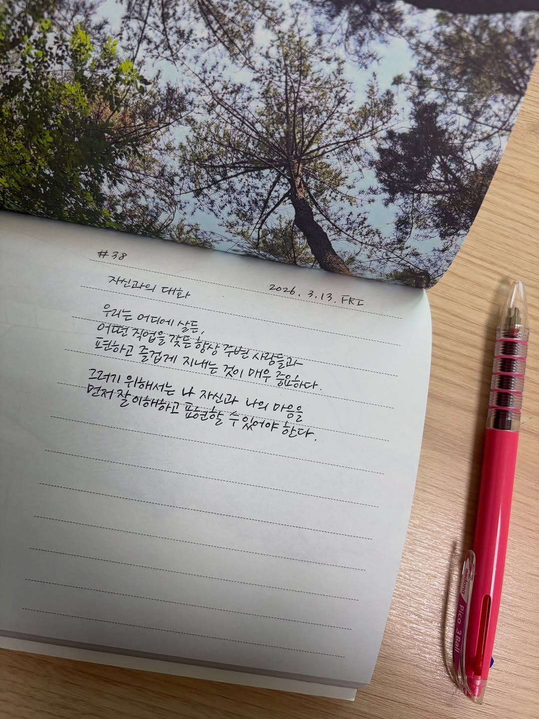 Photo by 봉님이의 기록, 오래걷기 on March 12, 2026. May be an image of diary, pen, sketch, book and text that says '#38 -------------- 자신과의 자신과의대화 대화 2026 3.13. FRエ 우라는 어디에 살든 어떤 편련하고 편직업을것음한장추발지장들교 갖든ㅎ 향상 즐겁게 지내는 것이 자랑들과 그러기 위해서는 이해하고 나 자신과 매우 중요하다. 먼저잘이해하고 표현할 수있어야한다. 있어야 한다 나의 나의마음을 마음을 수'.