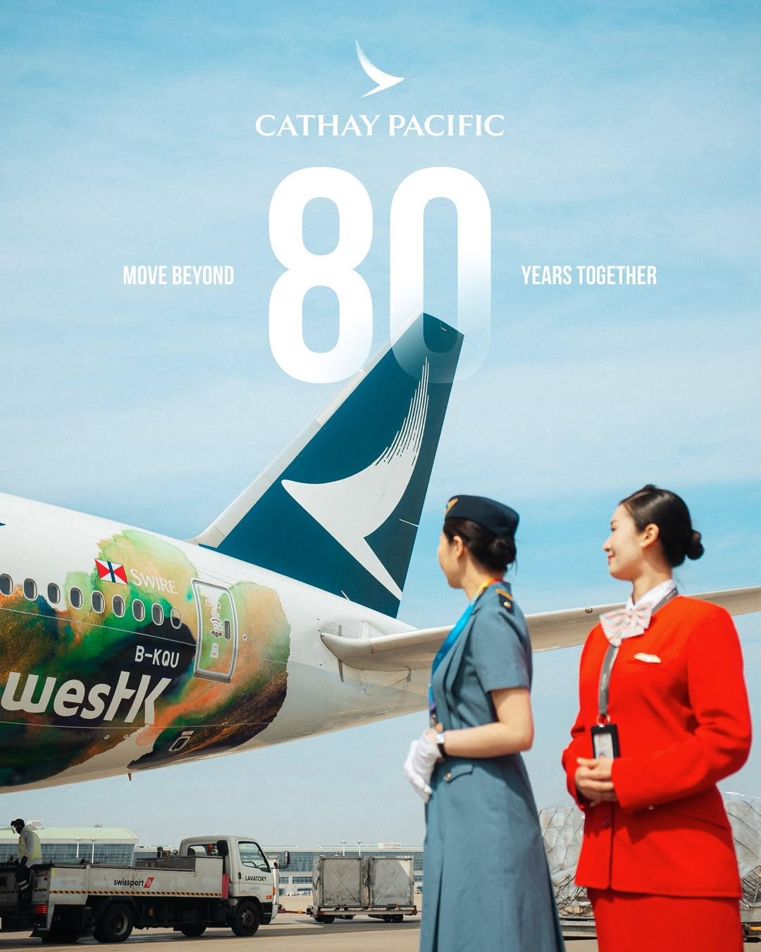 Photo shared by 봉토그래퍼 📷 on March 23, 2026 tagging @discoverhongkong, @cathaypacific, and @westk.hk. May be an image of airplane, poster and text that says 'CATHAY PACIFIC MOVE MOVEBEYOND BEYOND 80 YEARS TOGETHER 100000000 SWIRE B-KQU 8 gp Ho westk UA30087'.