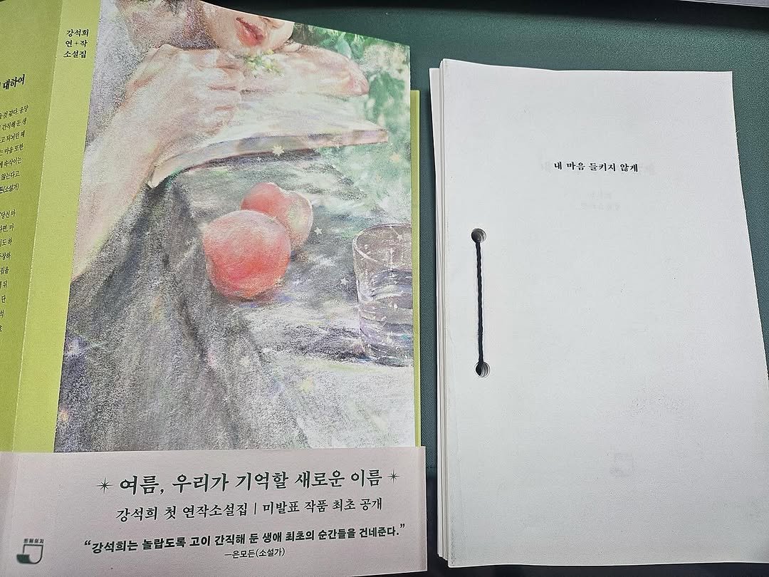 Photo by 빈페이지 on July 15, 2025. May be an illustration of book, diary, magazine, binder and text that says '강식희 연+각 소설집 대하여 건관영.군연 ジ番神区 권덕속진해 生民 각내처도 公盛み 칠부 내마음하키시않께 내 마음 옳키시 않세 产生者 * 여름, 우리가기억할 우리가 기억할 새로운 이름* 강석희 첫 연자소설집 미발표 작품 최초 공개 "강석희는 늘랍도록 고이 간직해 간직해둔생애 최초의 순간들을 들을 건예준다." -은모든(소설가)'.
