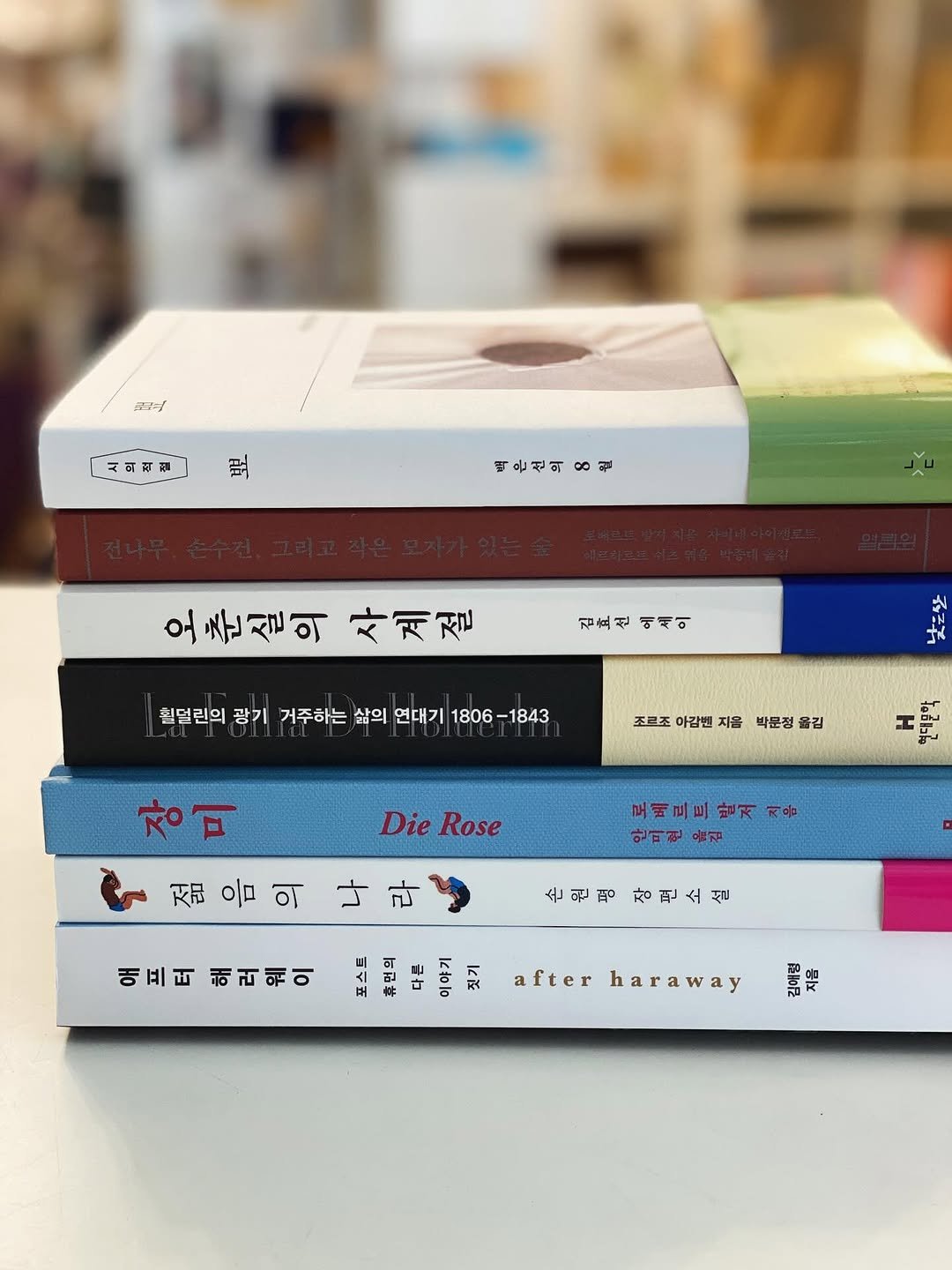 Photo by 책 의 기 분 on July 31, 2025. May be an image of diary, book and text that says '우뭐무 시의적해 플 백은산의 8 백은산의전 권 오준실의사계절 어 오춘실의 사계절 김종 칠덜린의 광기 거주하는 삶의 연대기 1806 1806-1843 1843 サ 조르조 아감벤 지음 박문정 옮김 장미 DieRose Die Rose ឆម្ញឺរ τ વુનગર ออไทล 로베르트발저지 발저 지음 안피현 젊음의나 정음의 나라 손원평장편소설 손원평 장편소설 애프터해러워이 애프터 해러원이 포 야 after haraway FMaR 哈'.
