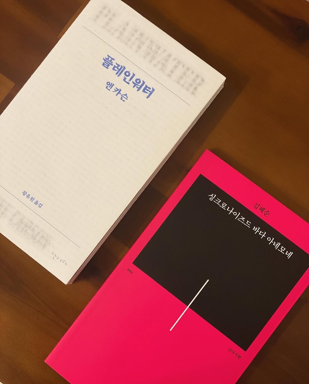 Photo by 책 의 기 분 on September 23, 2025. May be an image of ‎diary, magazine, book, binder and ‎text that says '‎클라안위터 앤카슨 ANWATER 앤카슨 플레인워터 황유원옮김 황우인을김 황유을 옮겸 LE> ٢د 001 싱크로나이즈드 생크로나이즈드바다아네모네 김혜순 김혜순 리프러이노 바다 아네. 아네모네 아네모네 네 남마시무‎'‎‎.