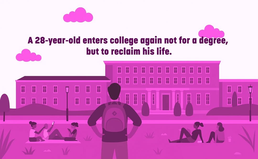 Photo shared by Booksthakam on December 13, 2025 tagging @author_akhil. May be a doodle of ‎poster and ‎text that says '‎A 28-year-old enters college again not for for α degree, but but to reclaim his life. ደላያ نمثه‎'‎‎.