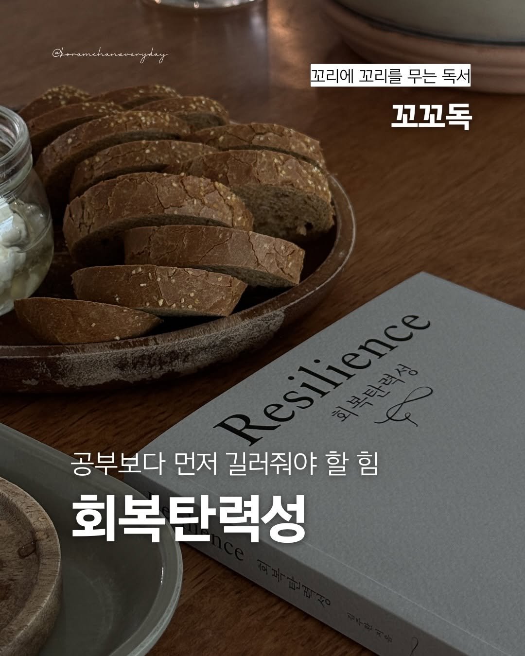 Photo shared by 보일러ㅣ보람찬일상러ㅣ책ㅣ필사 on April 23, 2026 tagging @wisdomhouse_official. May be an image of bread and text that says '@+rmchananeryday まmにされさeまeさyay 꼬리에 꼬리에꼬리를무는독서 꼬리에 꼬리를 무는 무는독서 독서 꼬꼬독 고고꼬독 공부보다 먼저 길러줘야 할 할힘 힘 회복탄력성'.
