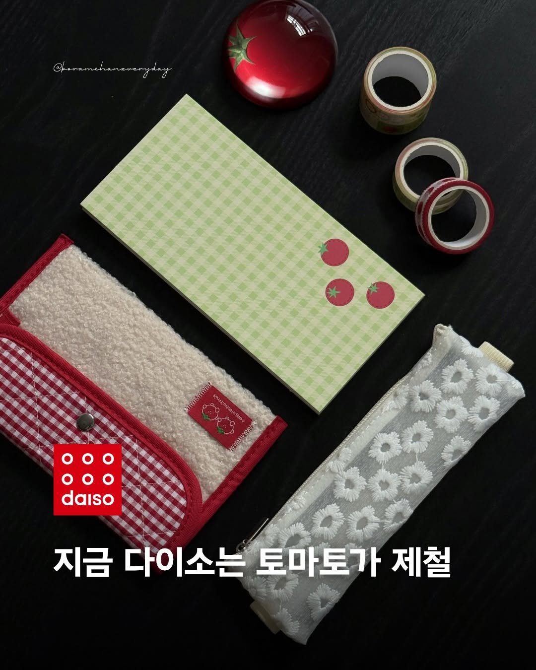 Photo by 보일러ㅣ보람찬일상러ㅣ책ㅣ필사 on April 20, 2026. May be an image of pencil case and text that says '@rmcharsreryday sey 8 daiso 지금 다이소는 다이 토마토가 제철'.