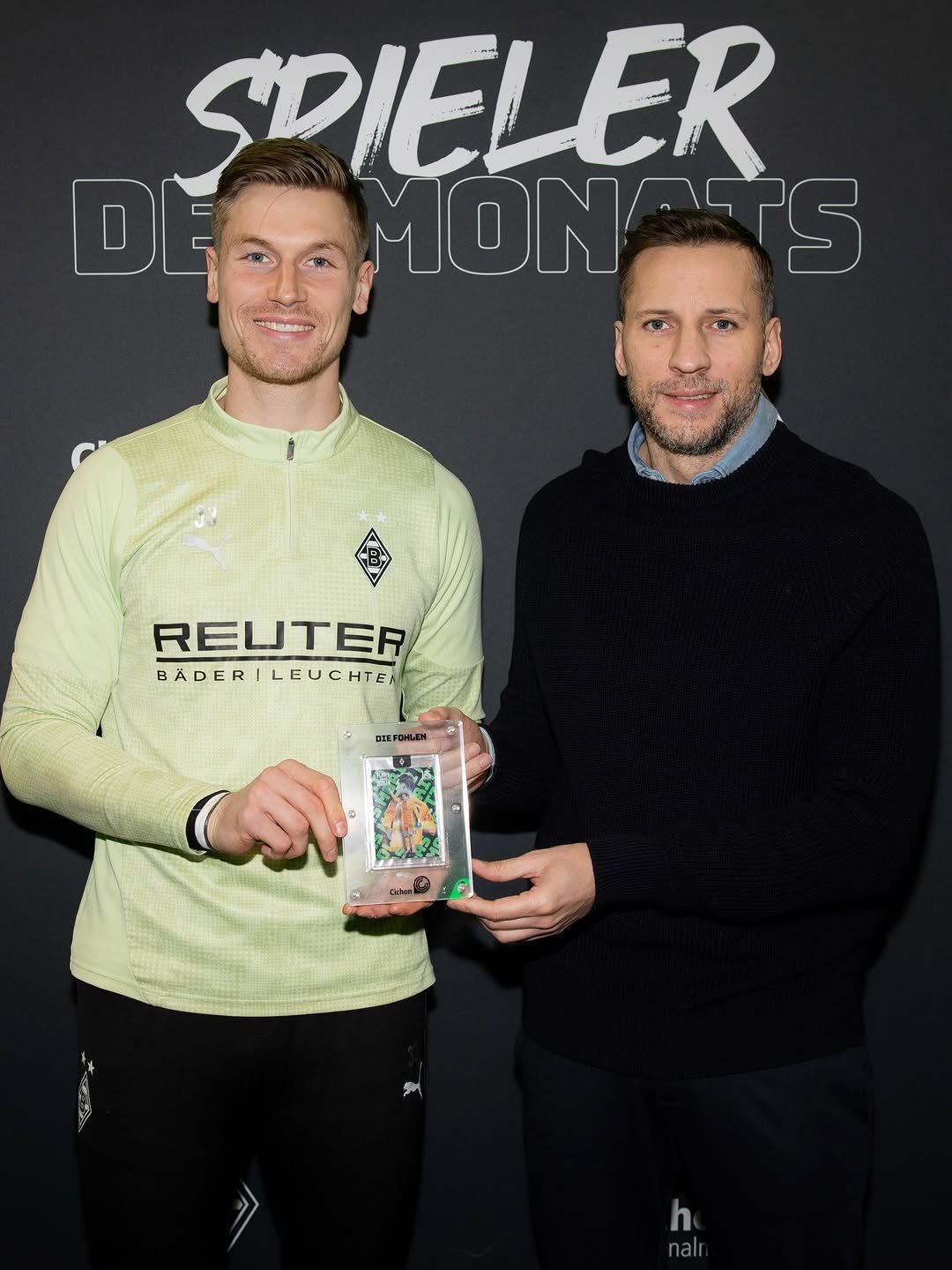 Photo shared by Borussia Mönchengladbach | Bundesliga on February 18, 2026 tagging @cichon_personalmanagement. May be an image of football, sports equipment, stadium and text that says 'SPIELER DEPOM DEMONATS MON MONATS RELJTER BÄDER BÄDER|LEUCHTER LEUCHTE OEEPOHbH'.