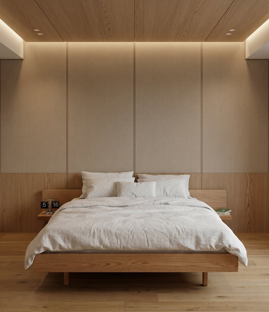 Photo by 보스커 | 원목침대 | 침대프레임 | 주문제작 침대 on April 15, 2026. May be an image of bed, lighting, headboard, mattress, indoors, bedroom and text.