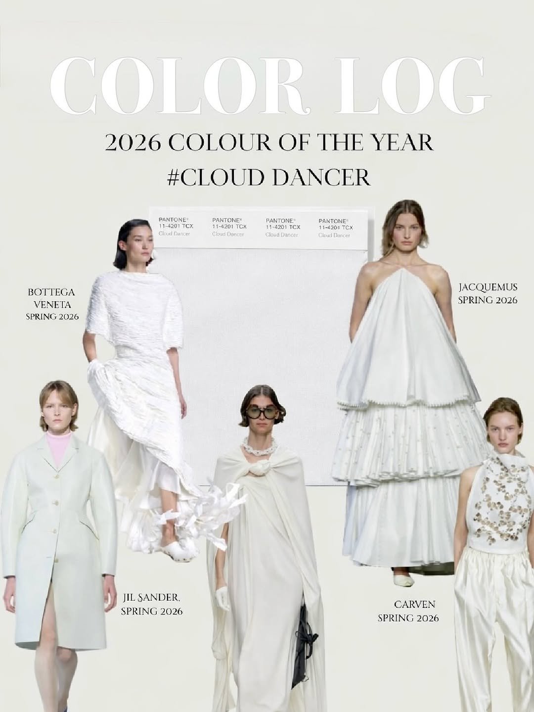 Photo by 연남동미용실 더부띠끄 윤주 |탈색없이염색 • 애쉬브라운 • 매트브라운| on February 01, 2026. May be an image of magazine, dress and text that says 'COLOR LOG 2026 COLOUR OF THE YEAR #CLOUDDANCER #CLOUD DANCER PANTON 11301 11-4291 TCX Houdtian PNTONE 11-4201TCK 1-4201TCK GoOWAr PANTONE AGLT 11-4201TC TCX chonTaMcEr PANTONE 11-d201TC 1ー023 crLinn A VENETA SPRING SPRING2026 2026 JACQUEMUS SPRING 2026 JILSANDER. JIL SANDER, SPRING 2026 CARVEN SPRING 2026'.