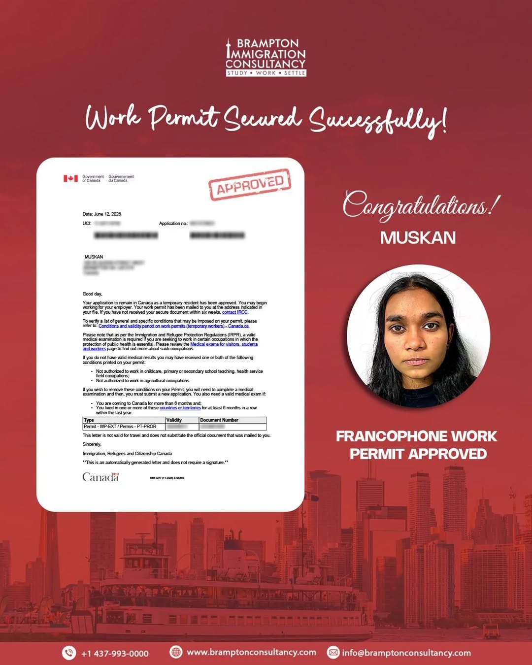 bramptonimmigration 게시물 이미지: 🎉 Congratulations to Muskan on the approval of...