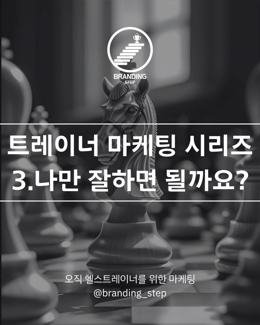 Photo by 브랜딩스텝 | 헬스트레이너 마케팅 코치 on June 24, 2025. May be an image of chess and text that says 'BRANDING STEP 트레이너 마케팅 시리즈 3.나만 3. 잘하면 될까요? 오직 헬스트레이너를 위한 마케팅 @branding_step'.