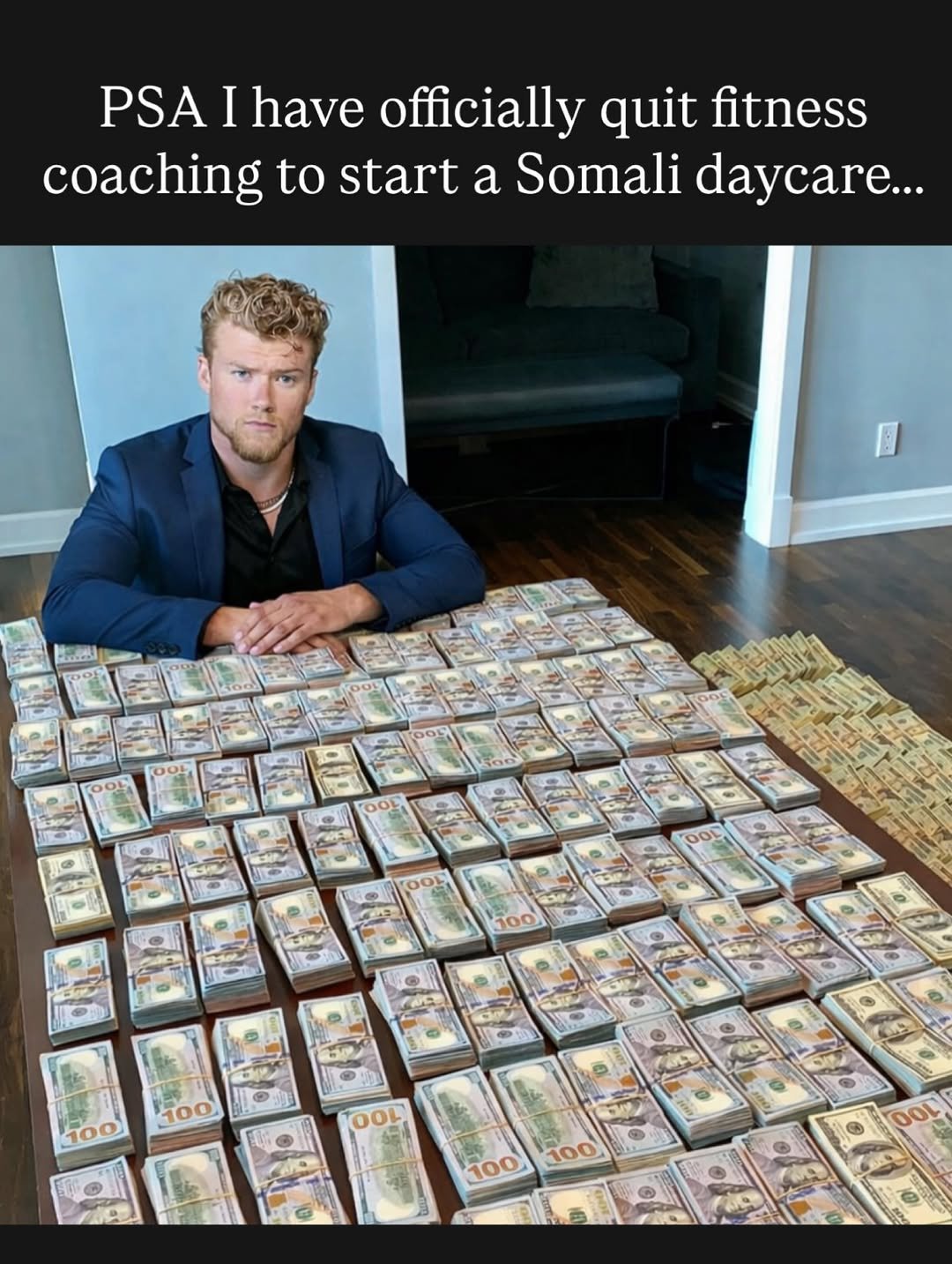 Photo shared by Empire Blueprint on December 28, 2025 tagging @brandon_c_clark. May be a meme of money, card and text that says 'PSA I have officially quit fitness coaching to start a Somali daycare... Poo O00 100 100 100 10L 100 100 OO0'.