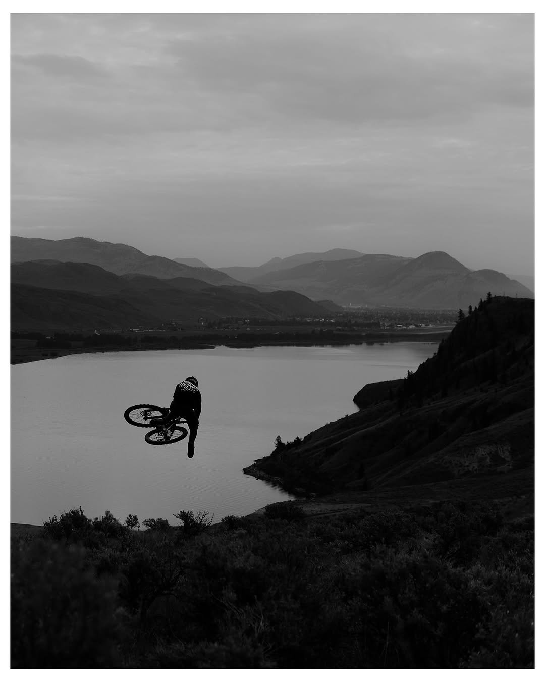 Photo shared by Brandon Semenuk on January 30, 2026 tagging @tobycowley. May be a black-and-white image of bicycle and text.