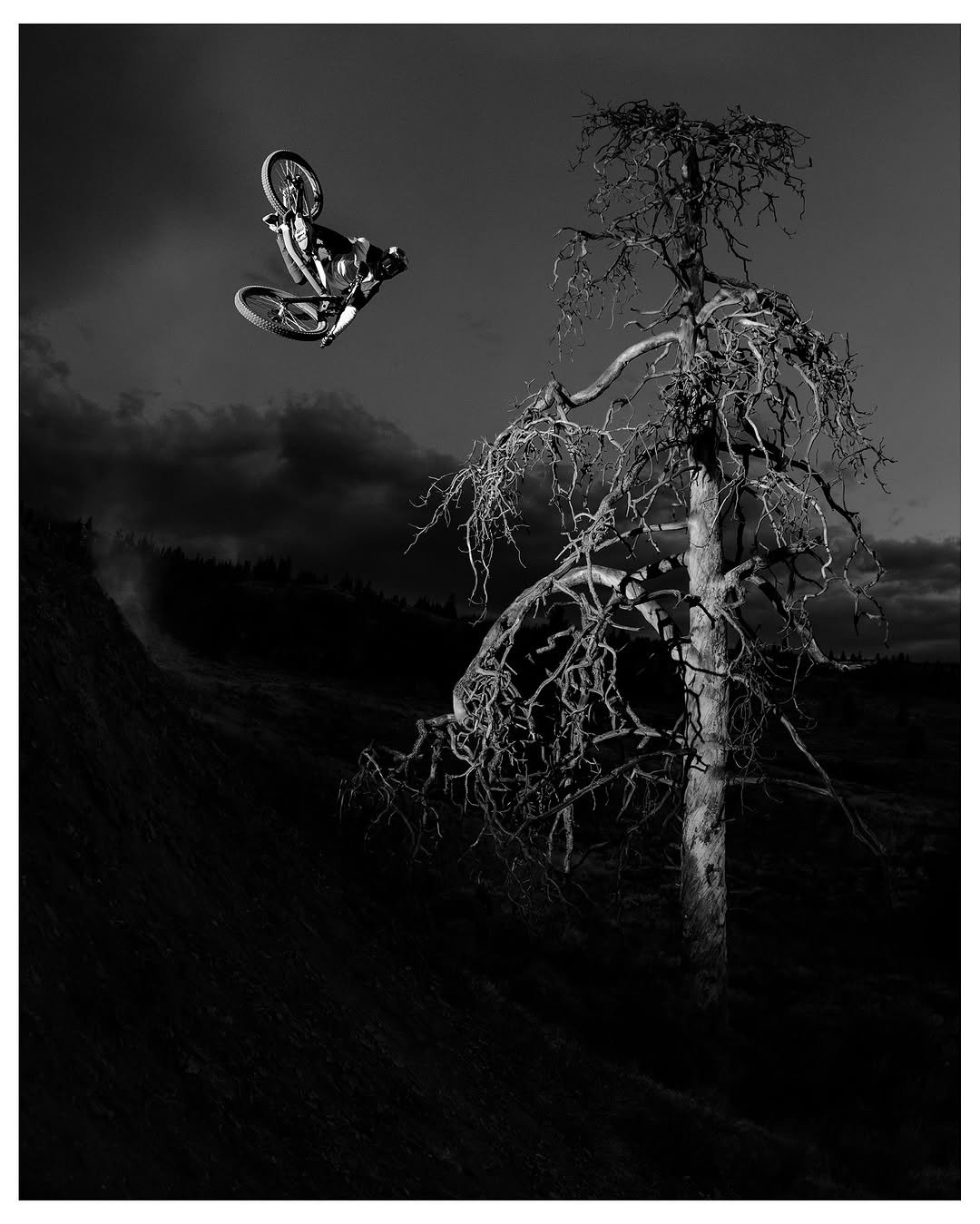 Photo shared by Brandon Semenuk on November 06, 2025 tagging @tobycowley, and @oclevercircle. May be a black-and-white image of snowboarding and ski.