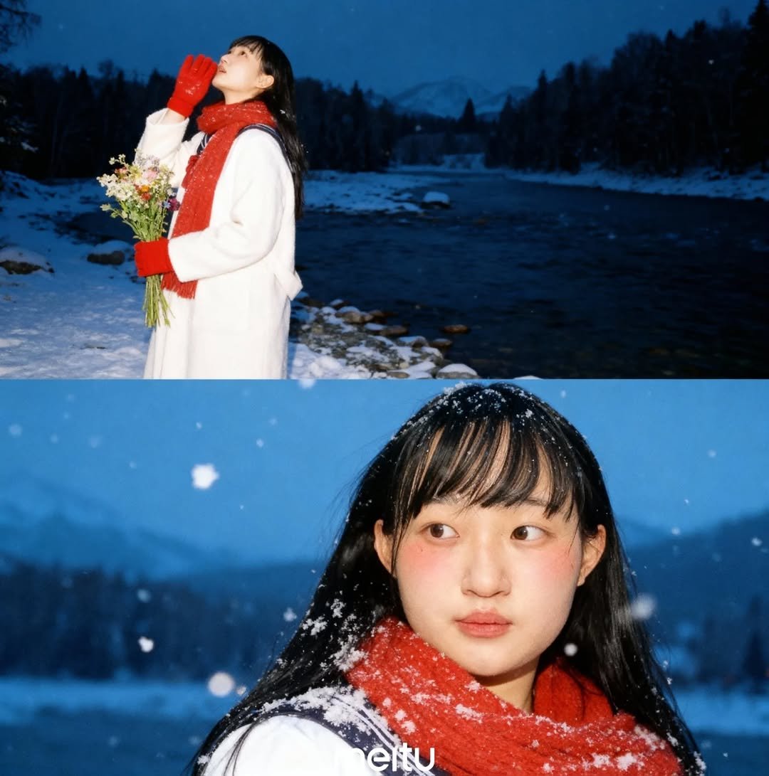 Photo by 융감하게 on November 01, 2025. May be an image of one or more people, hair, duffle coat, goosedown coat, dress, parka, turtleneck, outdoors and text.