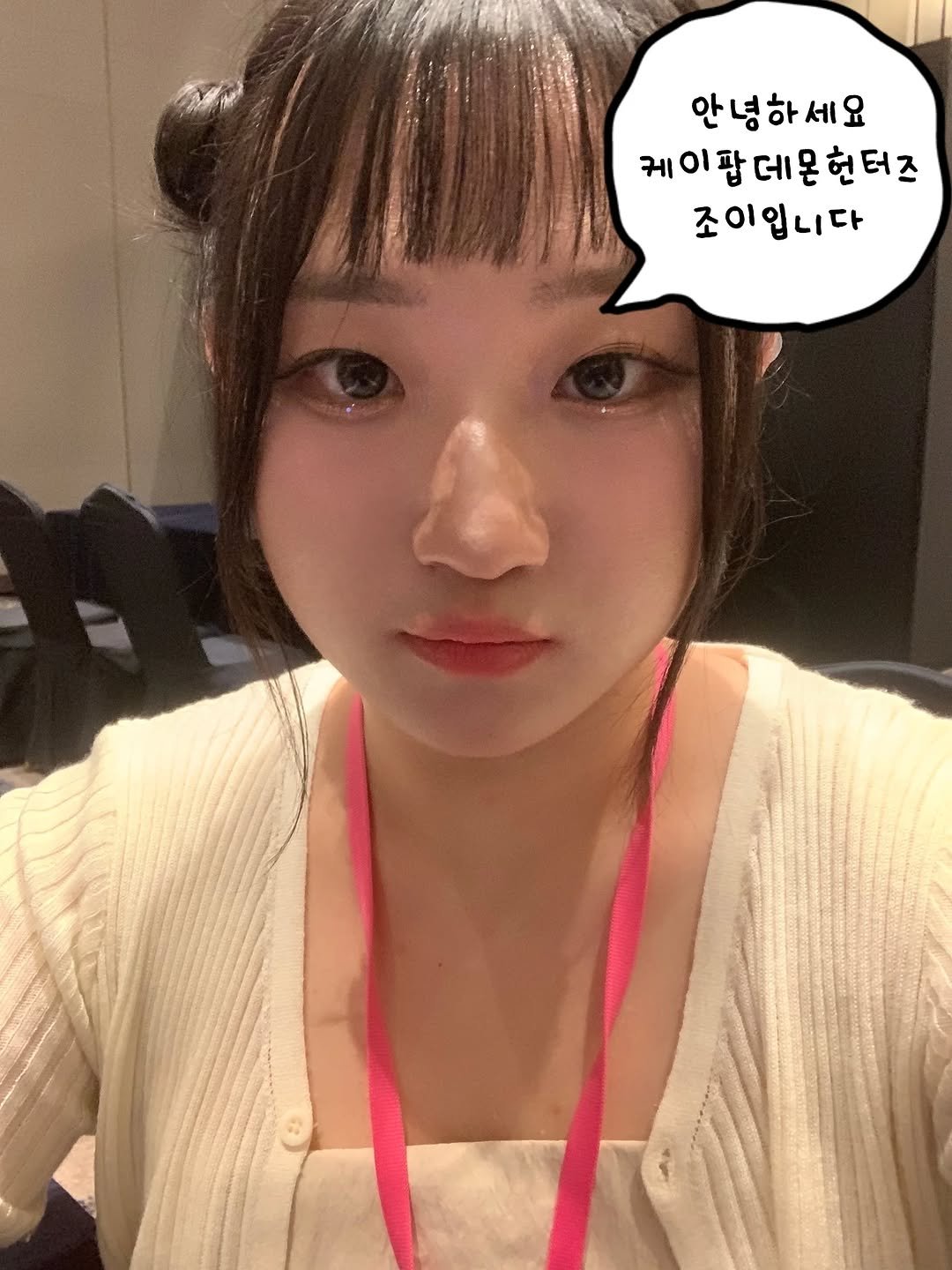 Photo by 융감하게 on September 29, 2025. May be an image of 1 person, hair and text that says '안 안녕하세요 녕 영하 세 안녕하 케이팝데몬헌터즈 팝 케 조이입니다'.
