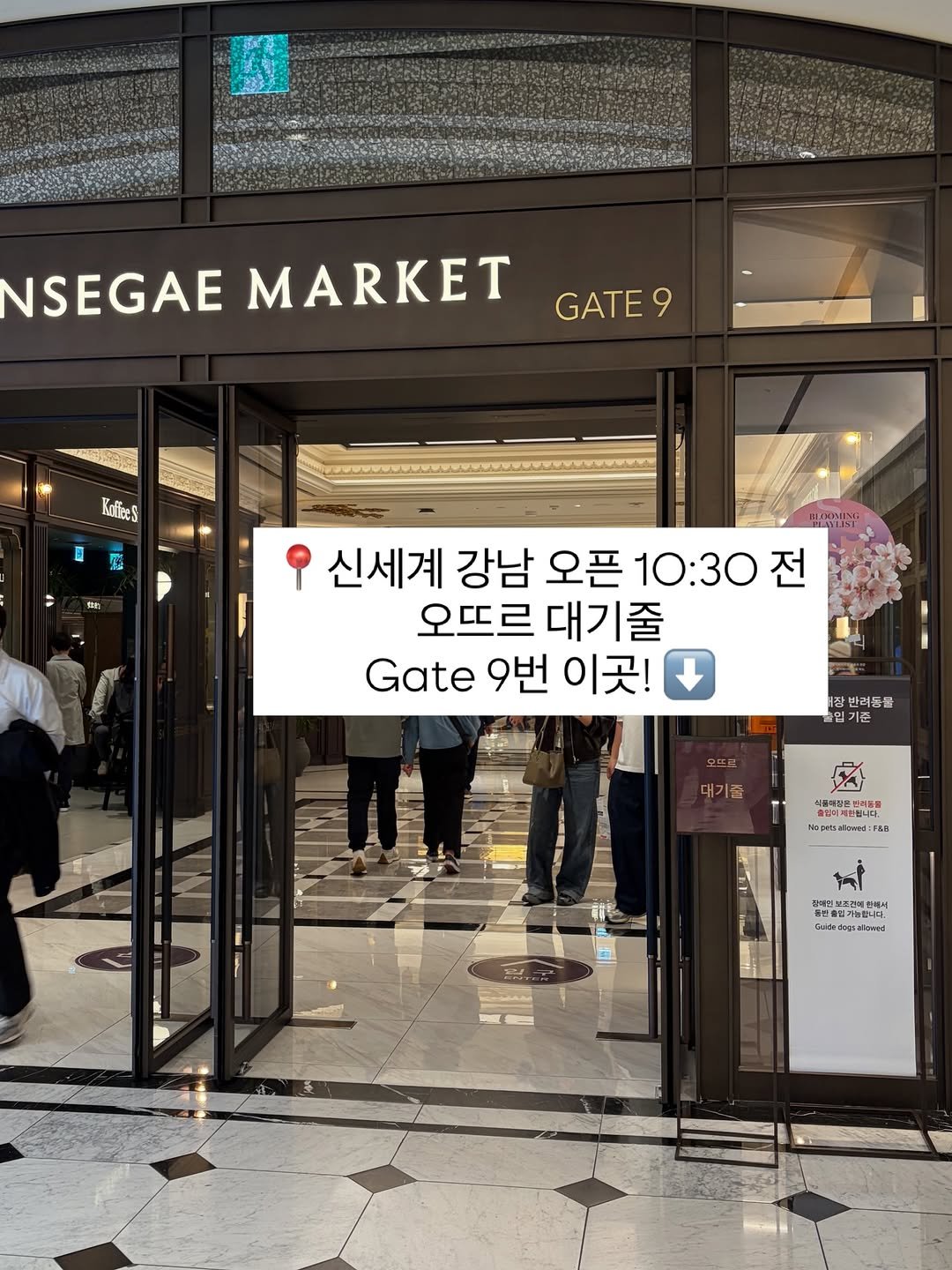 Photo shared by 오뜨르 베이커리(autour) on April 10, 2026 tagging @breadin__. May be an image of signboard, cornflower and text that says 'NSEGAEMARKET SEGAE MARKET GATE KnfieeS 신세계 강남 오픈 10:30 전 오뜨르 오뜨르대기줄 대기줄 Gate 9번 이곳! 장 장반려동물 입기원 기촌 모뜨표 4pH 150 전이전 브러건 안체시'.