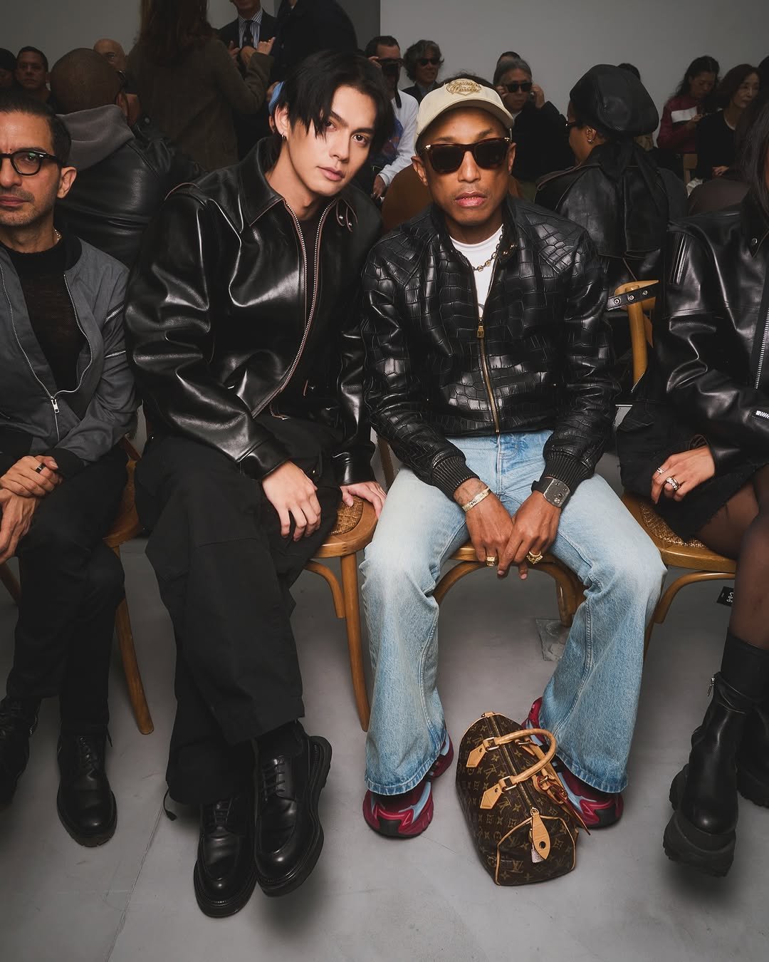 Photo shared by BRIGHT on October 08, 2025 tagging @mungothomson, @carharttwip, @pharrell, and @sacaiofficial. May be an image of 6 people, makeup, leather, magazine, outerwear and text.