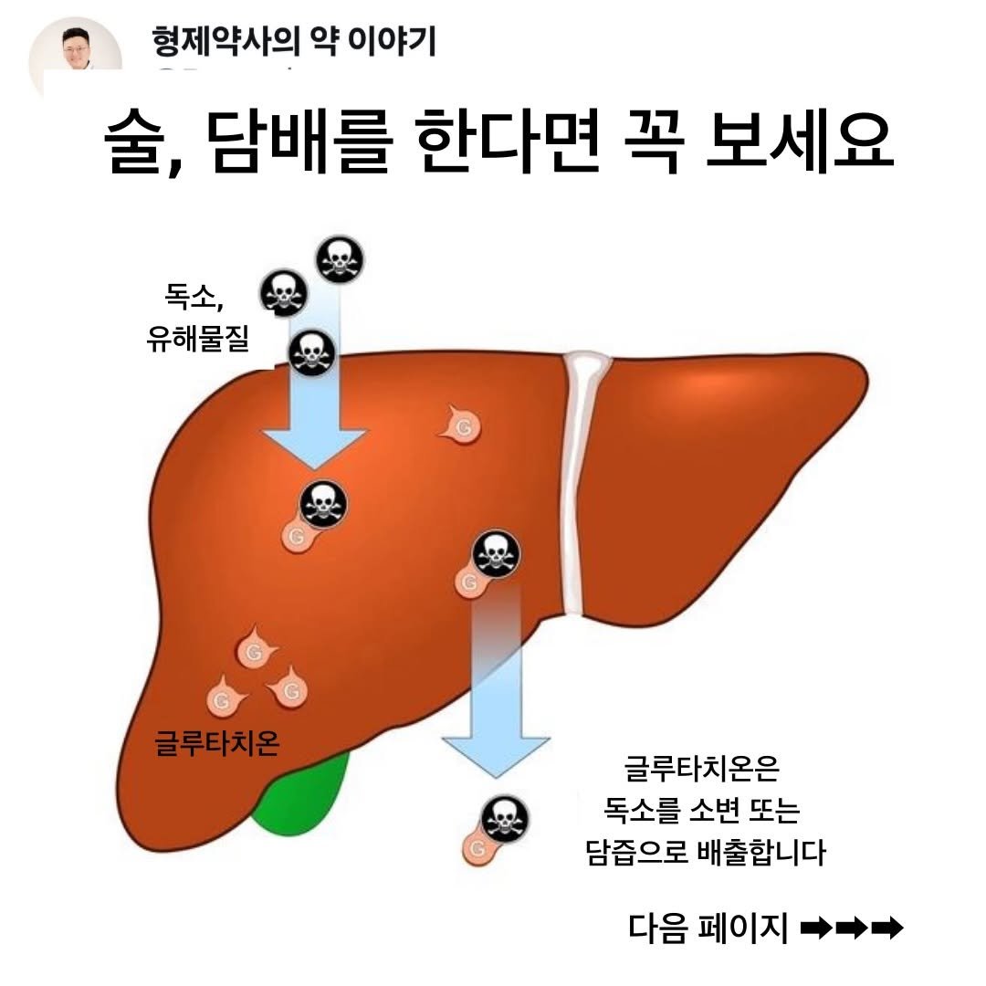 Photo by 𝗕𝗿𝗼 𝗛𝗲𝗮𝗹𝘁𝗵 𝗖𝗮𝗿𝗲 | 형제약사 | 최형재 on December 27, 2025. May be an image of text that says '형제약사의 약 이야기 술, 담배를 한다면 꼭 보세요 독소, 유해물질 글루타치온 글루타치온은 독소를 소변 또는 담즙으로 배출합니다 다음 페이지'.