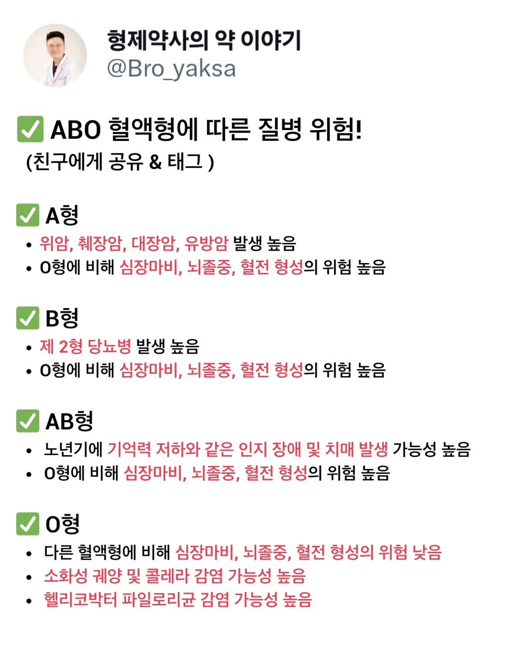 bro_yaksa 게시물 이미지: A형
상대적으로 위험이 높은 질병:

암 (Cancer) 🔬: 위암, 췌장암,...