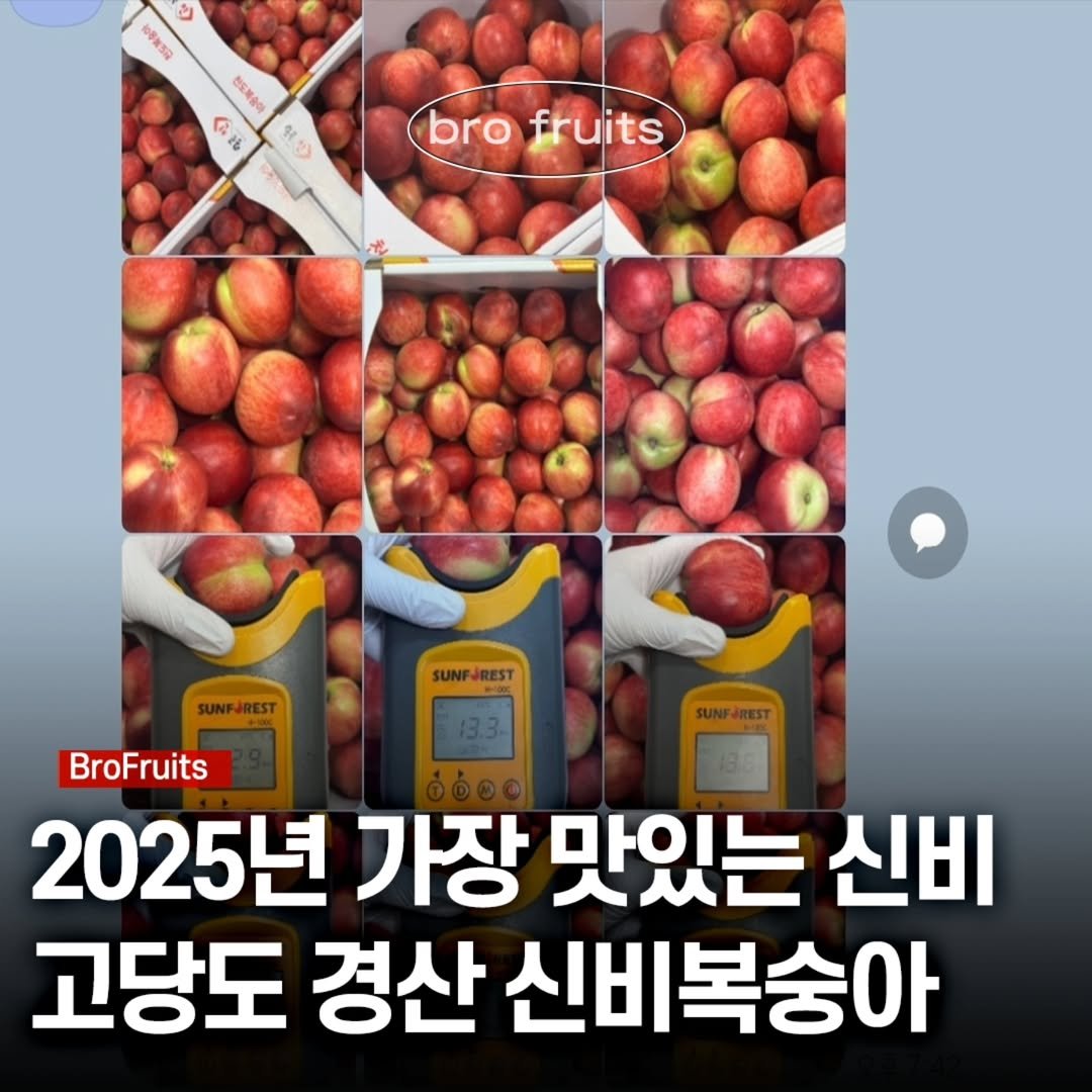 Photo by 🍑 형제청과 🍑 상위1%과일 • 납작복숭아 • 명장복숭아 • 신품종복숭아 on June 18, 2025. May be an image of pomegranate and text that says '2 یه a 국은 유농보장 전도복송이 AY 製ジ bro fruits SUNFJREST BroFruits 2025년 가장 맛있는 신비 고당도 경산 신비복숭아'.