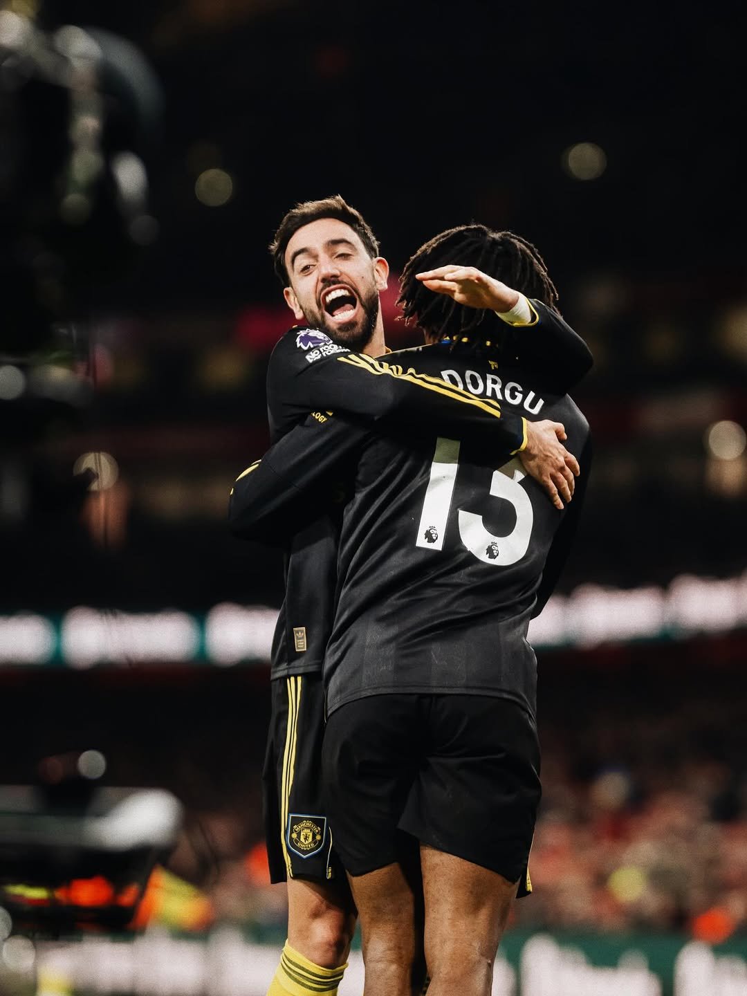 Photo shared by Bruno Fernandes on January 25, 2026 tagging @patrick_dorgu. May be an image of football, soccer, ball, stadium and text.