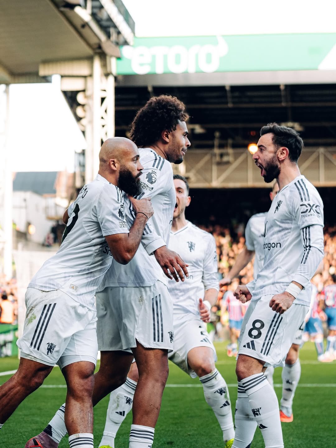 Photo shared by Bruno Fernandes on November 30, 2025 tagging @mbeumo, and @zirkzee. May be an image of football, soccer, stadium and text.