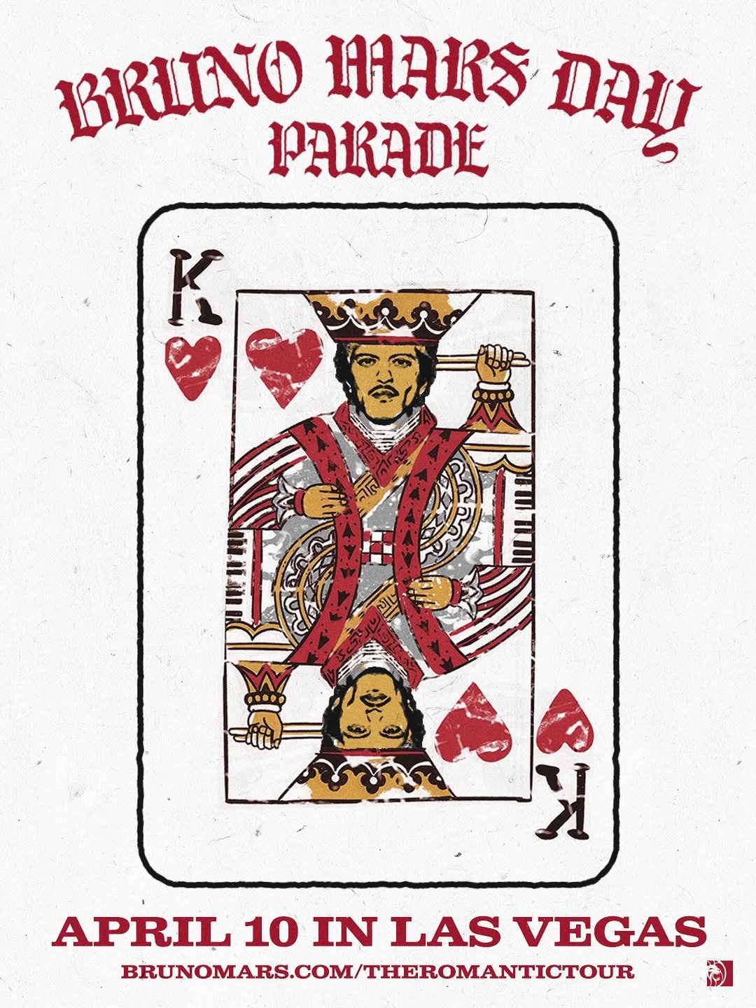 Photo shared by MGM Resorts on April 06, 2026 tagging @vegas, @brunomars, @bellagio, @parkmgm, and @theromanticworldtour. May be an image of ‎poster and ‎text that says '‎BRIINO MARS ጠቅ PARADE K בדשייי ة E IER 通 H APRIL 10 IN LAS VEGAS BRUNOMARS.COM/THEROMANTICTOUR‎'‎‎.