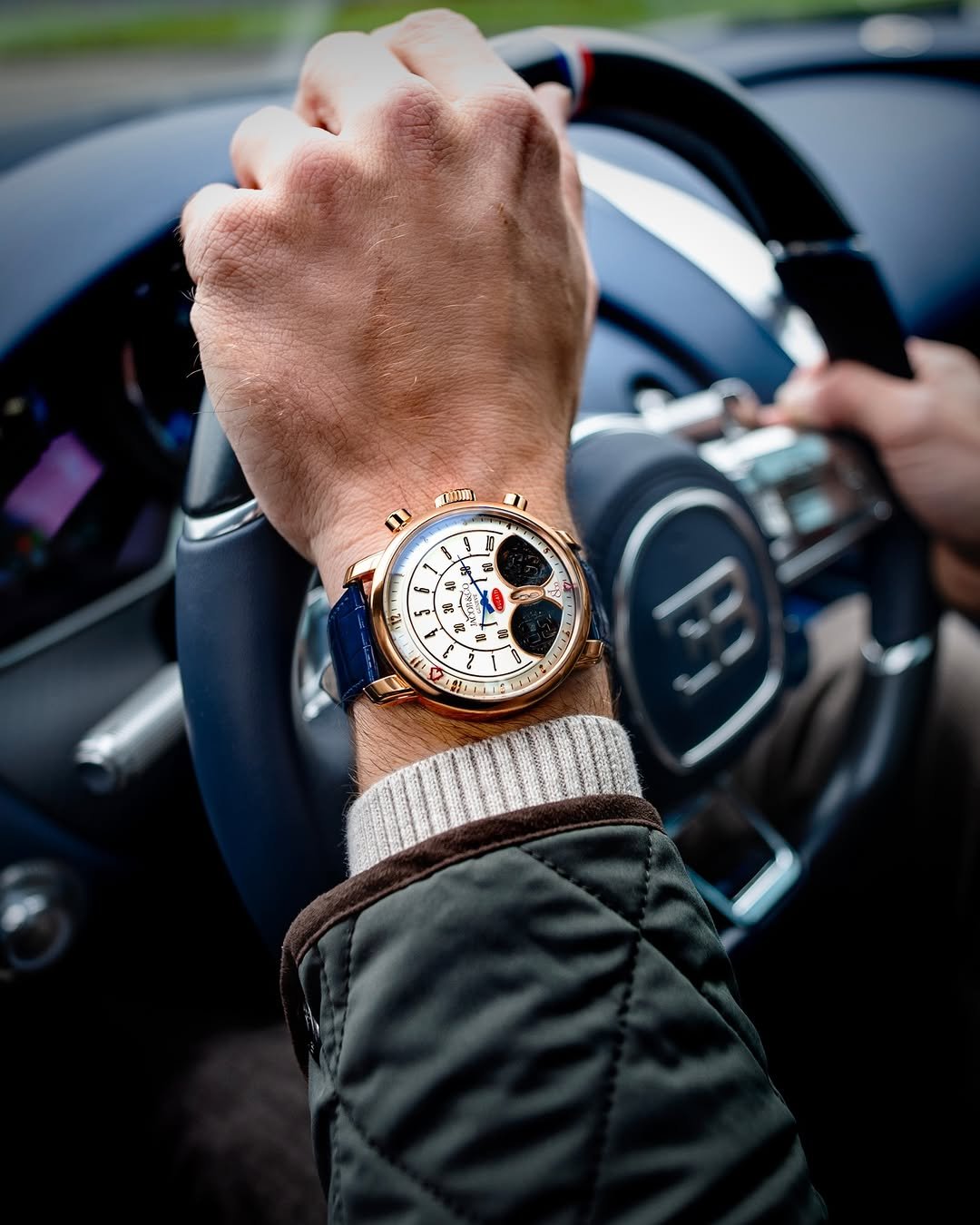 Photo shared by BUGATTI on December 13, 2025 tagging @jacobandco. May be an image of wrist watch and text.
