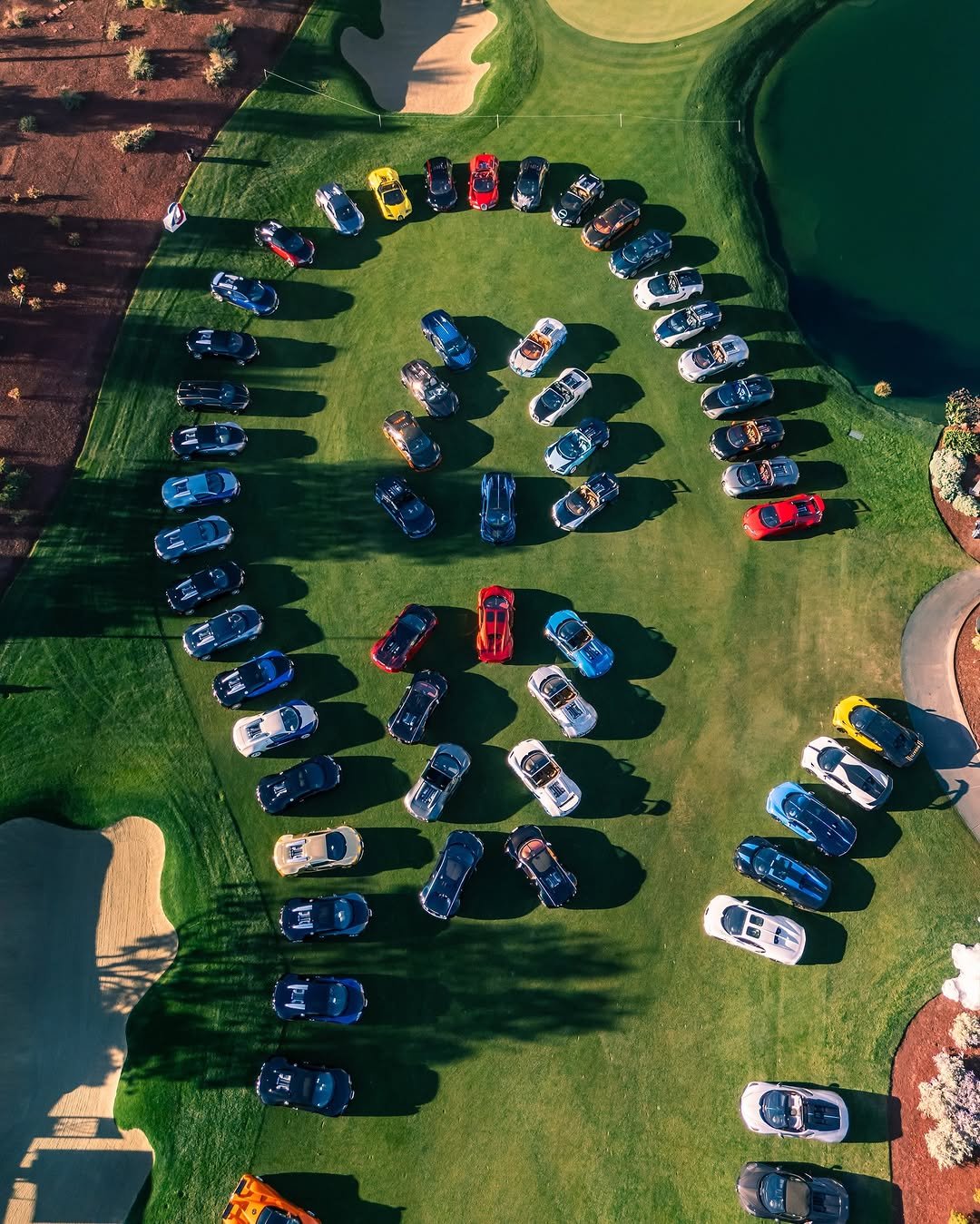 Photo shared by BUGATTI on November 05, 2025 tagging @zachbrehl. May be an image of golf, golf cart, golf course, crowd and text.