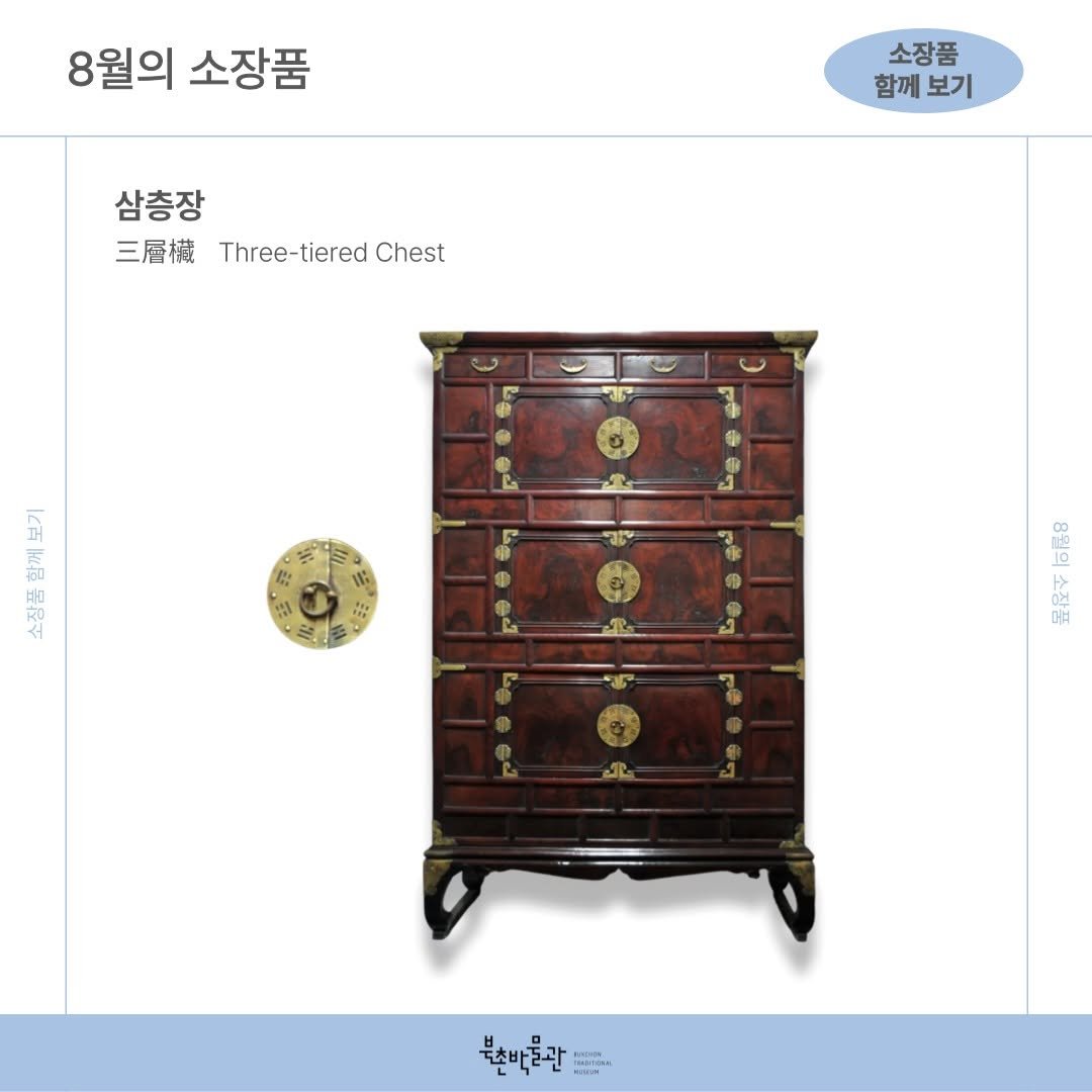 Photo by 북촌박물관 on August 21, 2025. May be an image of bureau, armoire and text that says '8월의 소장품 소장품 함께보기 함께 삼층장 三層横 層横　Three-tieredChest Three-tiered Chest 9 า ANNA ® ® 9 D® 면4 明 북손비콜관 ま者 MITN'.