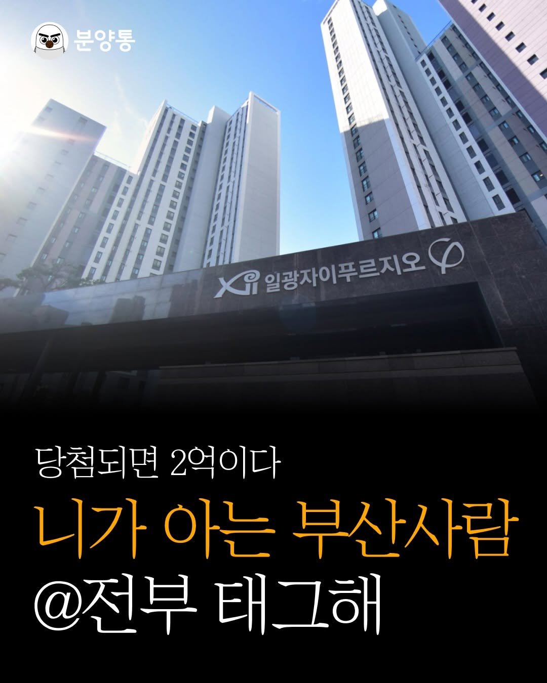 Photo by 부동산 알리미 분양통 on December 11, 2025. May be an image of skyscraper and text that says '၀5 분양통 I Xi 일광자이 |푸르지오 일광자이푸르지오 φ 당첨되면 2억이다 니가 아는 부산사람 @전부 태그해'.