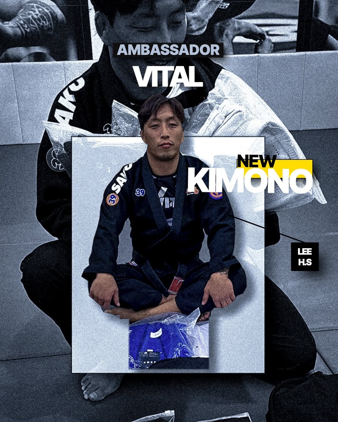 Photo shared by 버닝주짓수 on September 08, 2025 tagging @vital_kimonos, and @overlimit_gumi_burning. May be an image of 2 people, people performing martial arts, poster and text that says 'AMBASSADOR VITAL সাত SAYC SAVe SAV 39 39 ΚΙΜΟ NEW LEE H.S'.