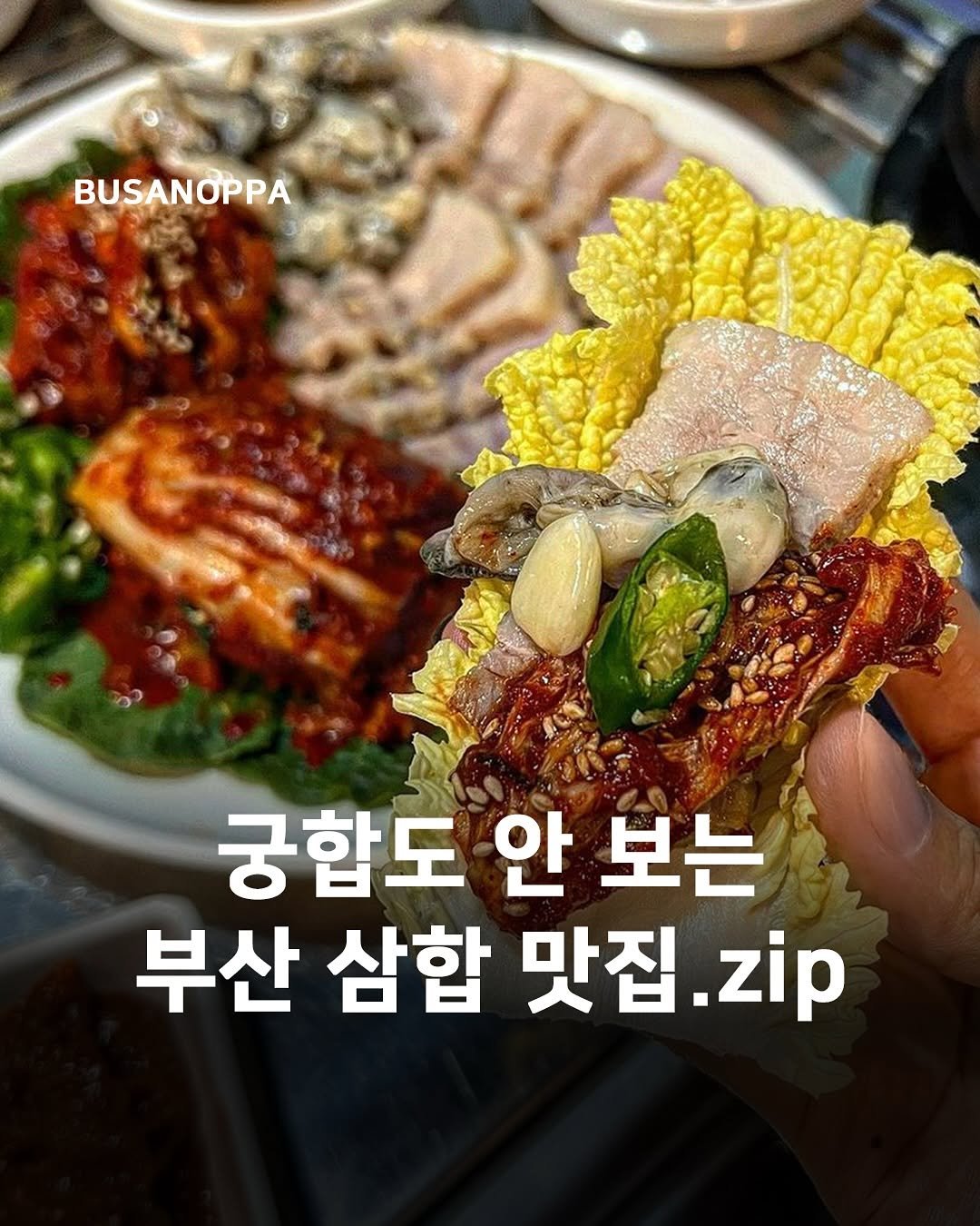 Photo by 부산오빠 on August 27, 2025. May be an image of chicken and text that says 'BUSANOPPA ပ် 궁합도 안 보는 부산 삼합 맛집 .zip'.