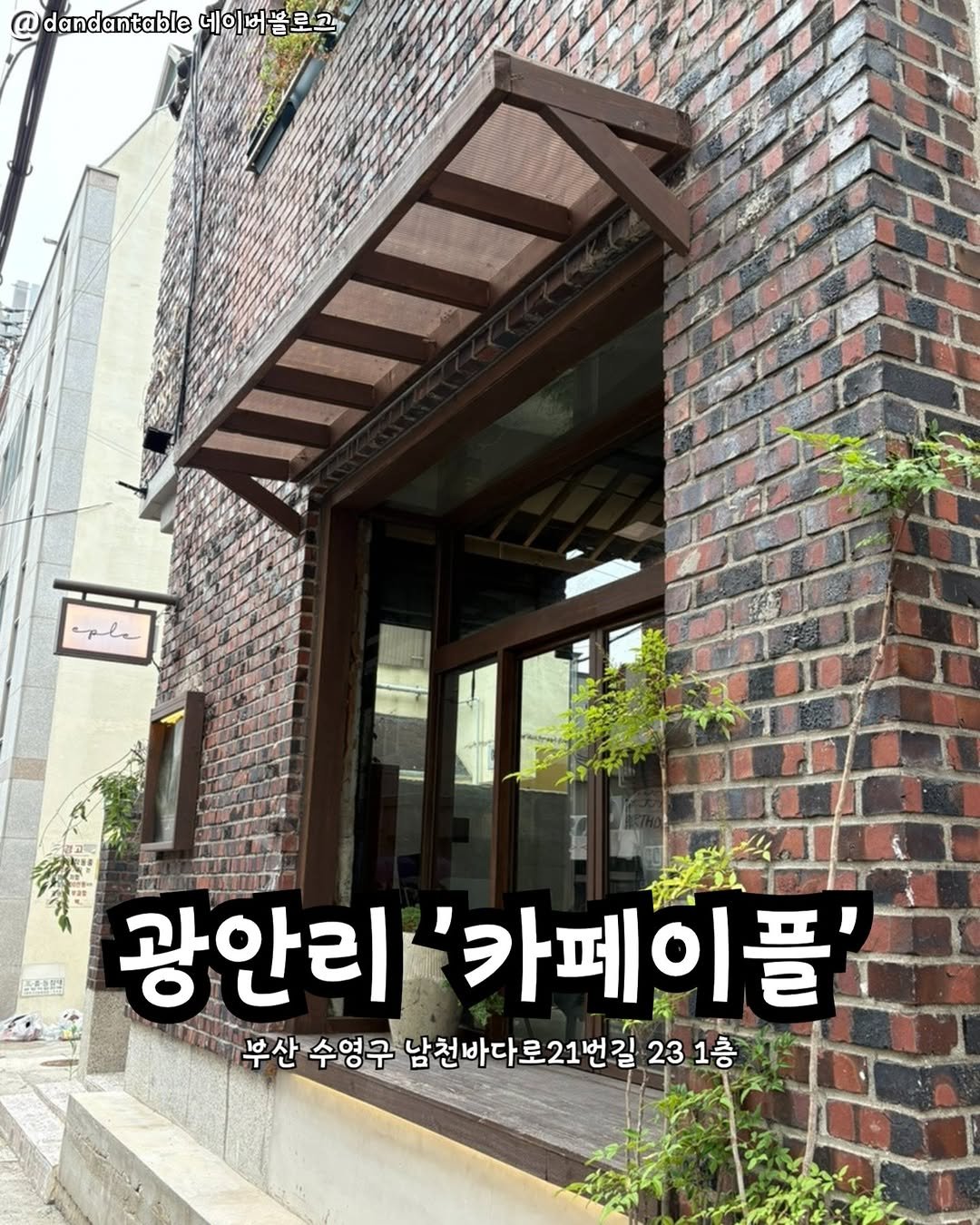 Photo by 부산맛집 부산핫플 서면맛집 해운대맛집 광안리맛집 기장맛집 부산데이트 부산나드리 on September 21, 2025. May be an image of ‎brick wall and ‎text that says '‎@dandantable @dandantoble네이래곰로그 네이 네이버블로그 로그 A معلم 限理 광안리 '카페이플 부산 수영구 남천바다로21번길 23 231층 1층‎'‎‎.