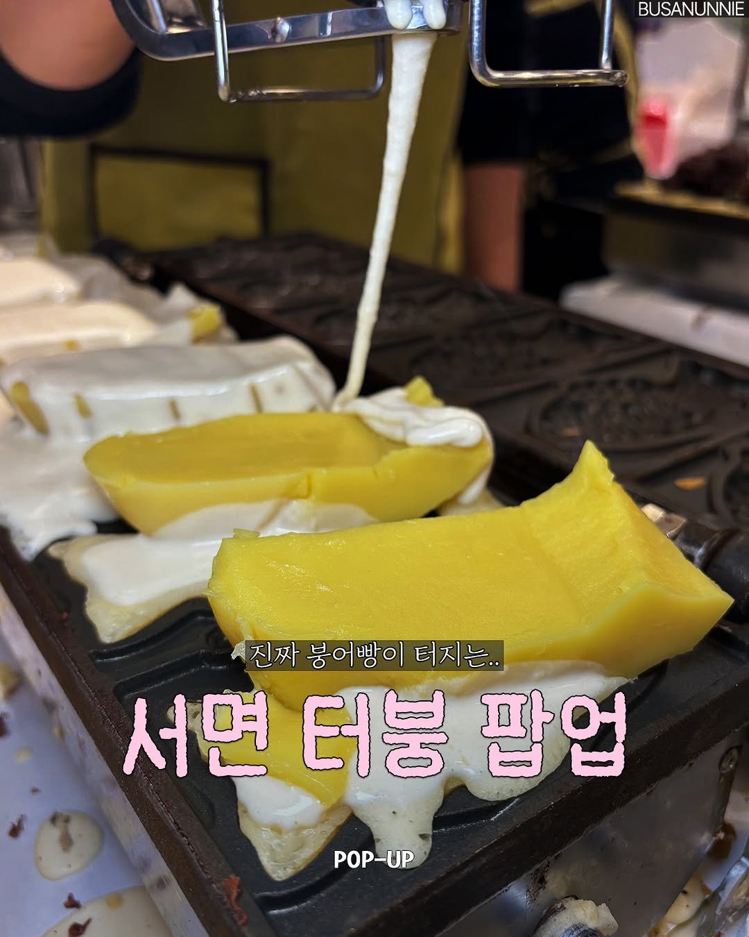 Photo by 부산언니 | 부산맛집 부산카페 부산핫플 on January 11, 2026. May be an image of cake, tofu, hollandaise, pie, durian, mango, cheesecake and text that says 'BUSANUNNIE BU 진짜붕어빵이터지는.. 진짜 붕어빵이 터지는.. 는.. 서면 터붕 팝업 POP-UP'.